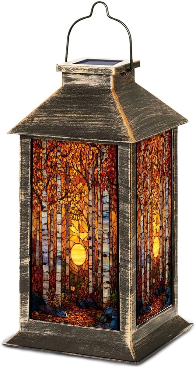 Solar Lantern Autumn Fall Warm Forest Stained Glass Window Birch Tree Maple Leaves Outdoor Garden Hanging Lantern Waterproof Solar Powered Lighting Outside Table Lamp for Deck Yard Camping Patio Decor