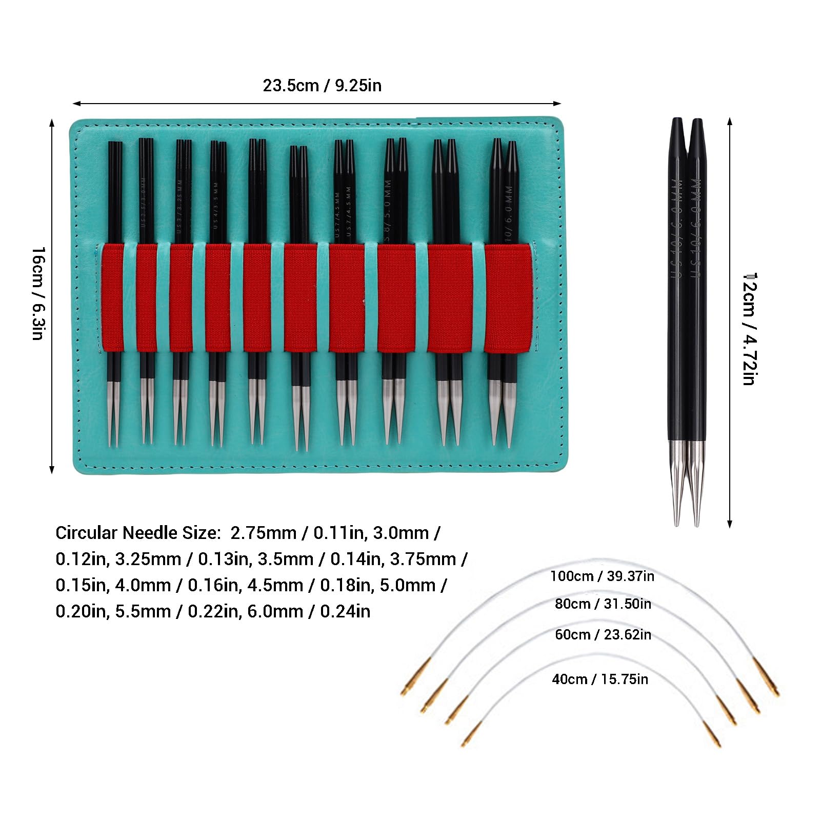 HEEPDD Set di Ferri da Maglia Intercambiabili da 30 Pezzi di Calibro Fine, Set di Ferri da Maglia, 10 Paia da 2,75 a 6,0 Mm Punte Corte in Alluminio da 12 Cm di Lunghezza e 4 Cavi per Calzini Pizzo