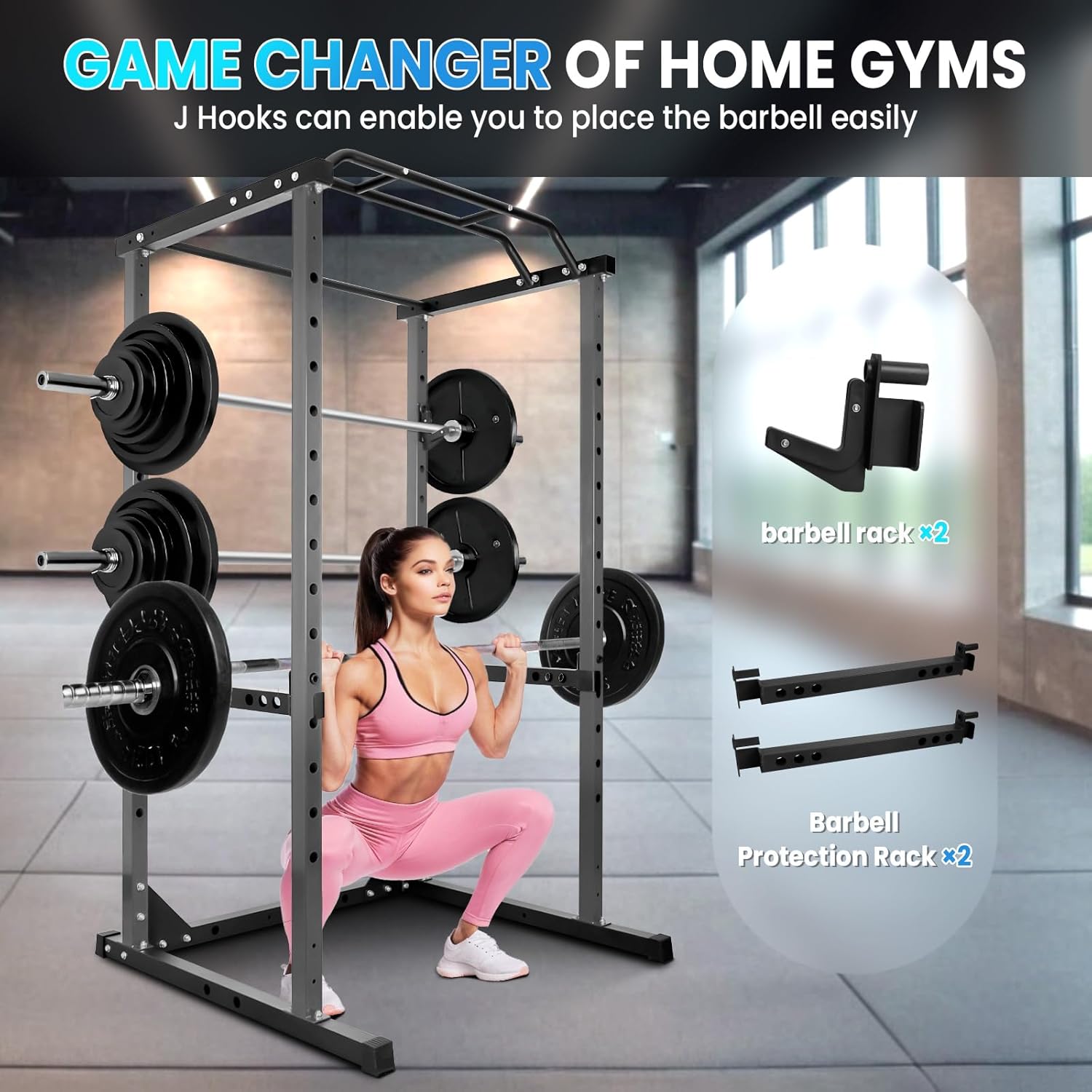 Squat Rack, Squat Rack for Home Gym,1500 Lbs Capacitys All in One Power Cage,45.6 x 44.3 x 81.5 Inch, 14.0 sq.ft Footprint Adjustable Fitness Power Gym Cage for Home Gym