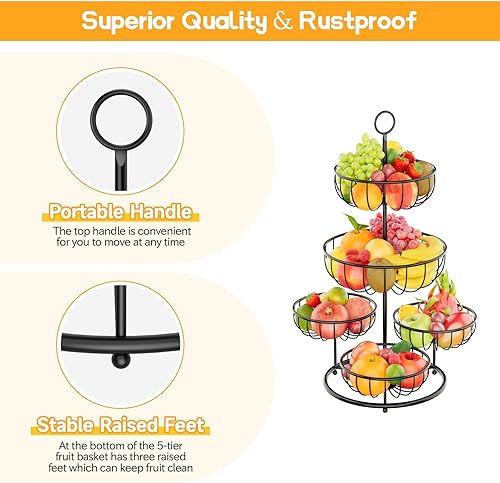 Miniatura 5 de D.S.Exthefic Cesta de frutas de 5 niveles para encimera de cocina, soporte de almacenamiento de frutas de alambre de metal de gran capacidad,