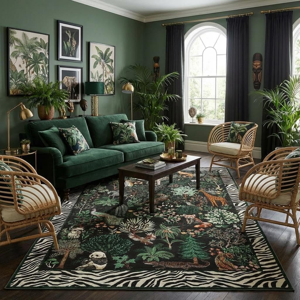 Garvee Jungle Washable Rug 8x10 Area Rugs for Living Room Large Animal Print Accent Bedroom Rug Non-Slip Stain-Resistant Botanical Indoor Rugs Foldable Thin Carpet for Nursery Kids Playroom Black