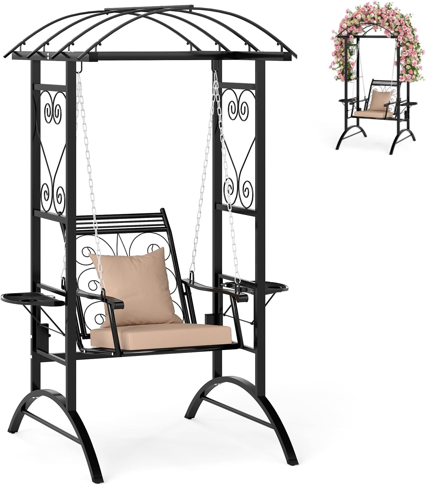 Outdoor Porch Swing with Stand, Garden Canopy Swing Chair with Removable Cushions and Side Tables, Hanging Hammock Chair for Balcony, Backyard and Poolside (Beige+Black, H Frame)