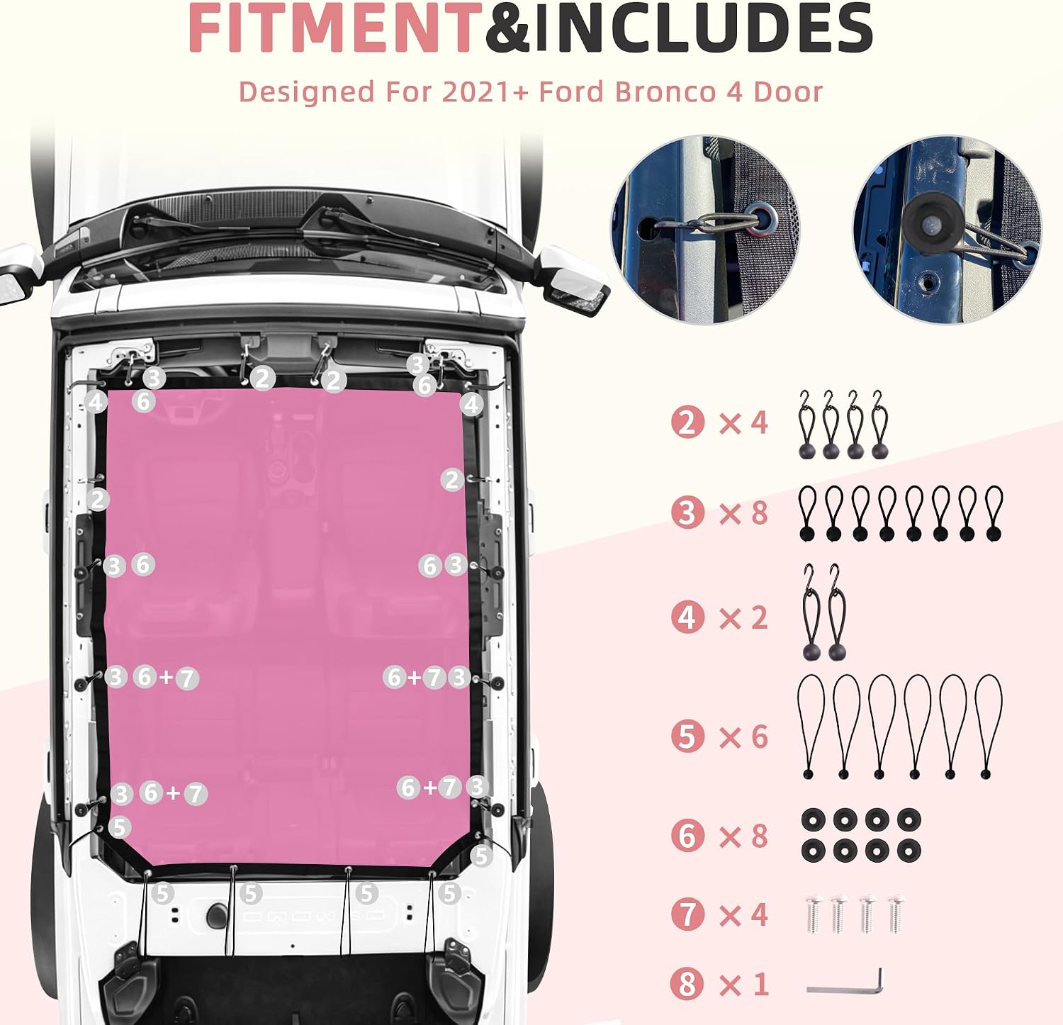 sukemichi Pink Sunshade Bimini Top 4 Door for 2021-2026 Ford Bronco | Pink mesh sun shade bikini top,Fits Big Bend/Outer Banks/Badlands/Wildtrak/Raptor hard&soft top roof net,Blocks UV,Wind,Noise
