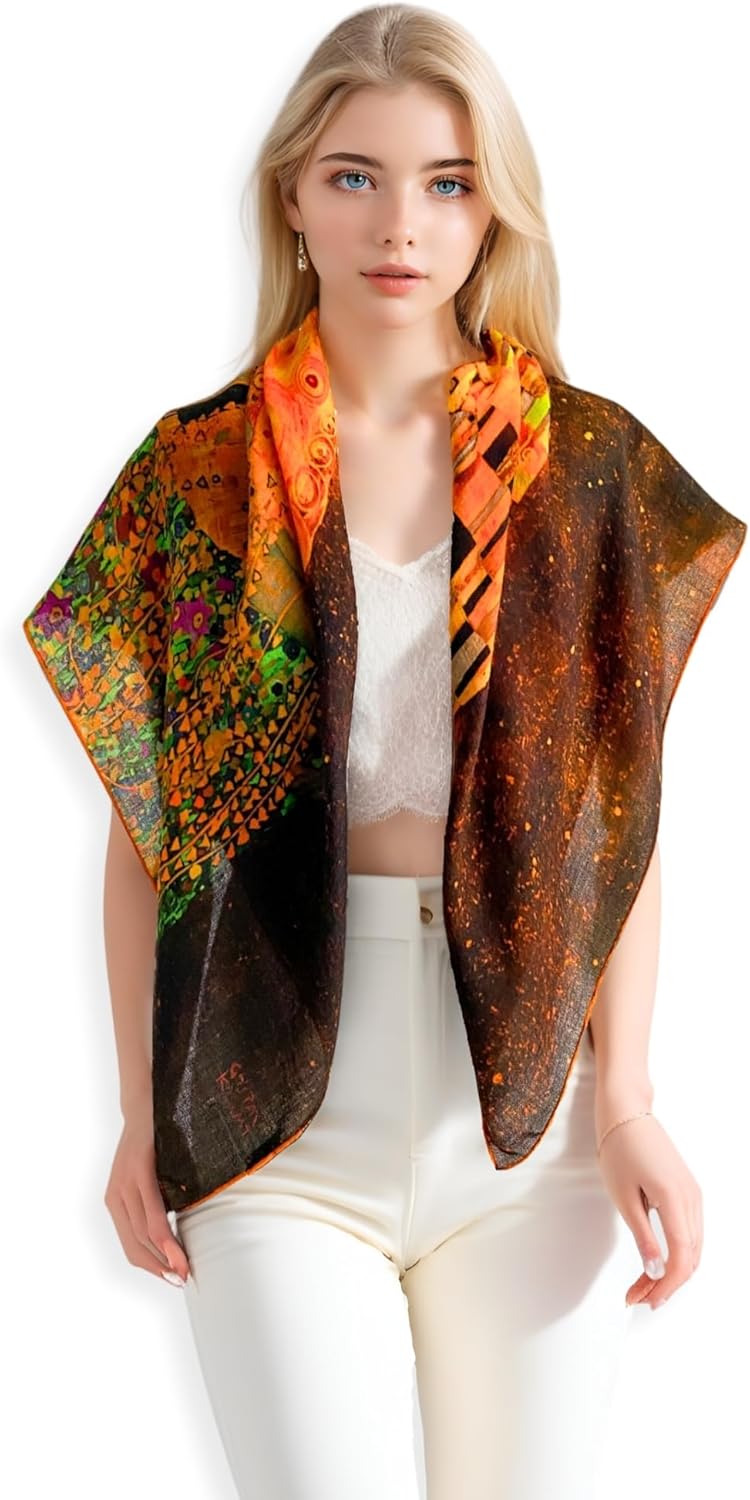 PoeticEHome Cashmere Scarf Wrap 36"x36" - Featherlight & Wrinkle-Free Artistic Square Shawl for Travel & Office, Gift Ready