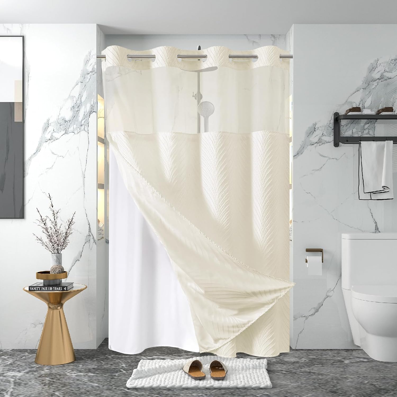stall no Hook Tufted Shower Curtain with snap in Liner Set, White Waterproof Fabric Inner Liner,Boho Style Shower Curtain with See Through top Window, Cream, 54Wx80H 54"W x 80"L (Pack of 1) Creamwhite