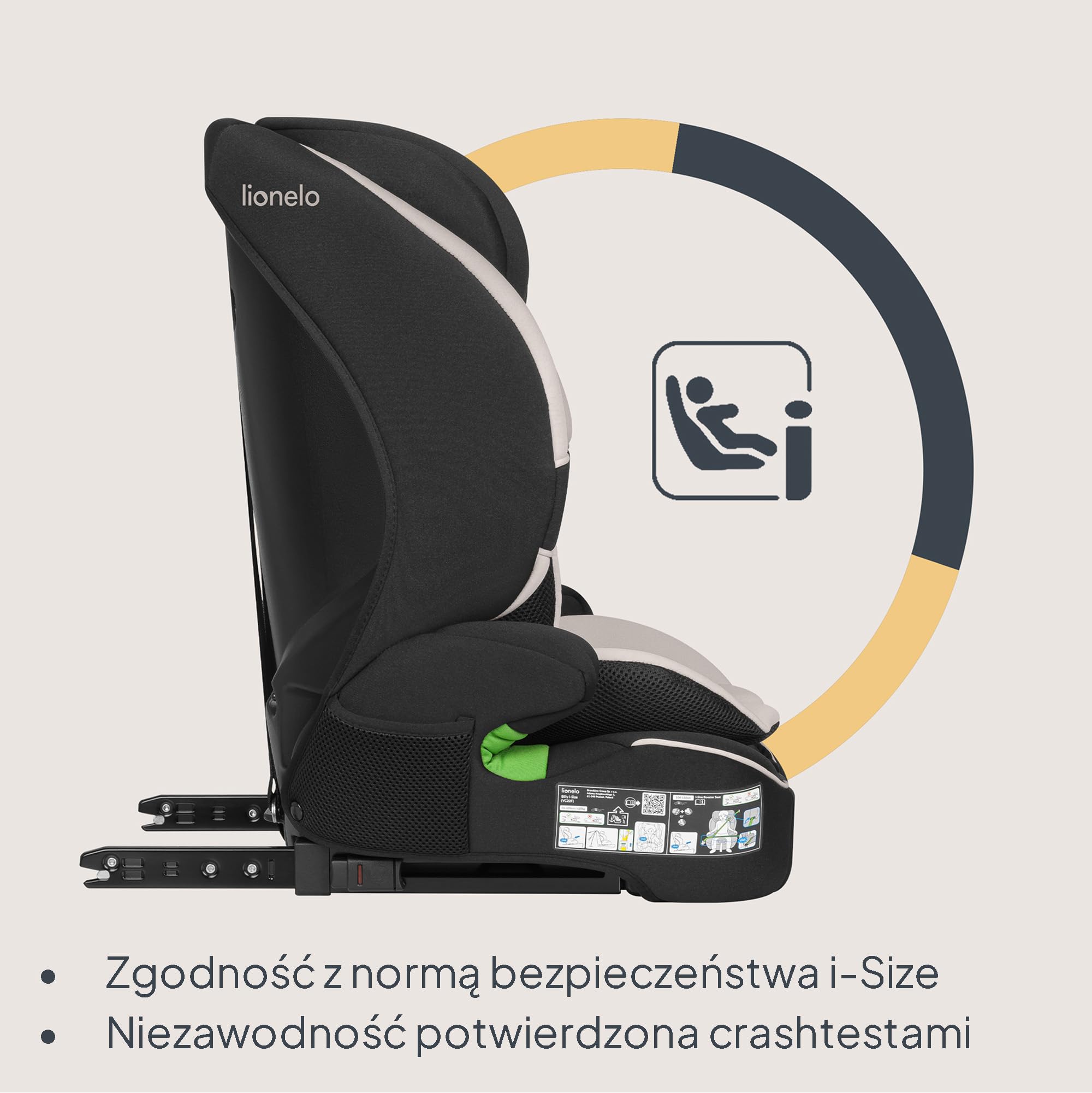 LIONELO Fotelik samochodowy Billy i-Size dla dzieci 76-150 cm (15 miesięcy – 12 lat) montaż na pasku lub na pasku, 10-pozycyjny zagłówek, ochrona boczna, górny pasek mocujący, 5-punktowa uprząż z