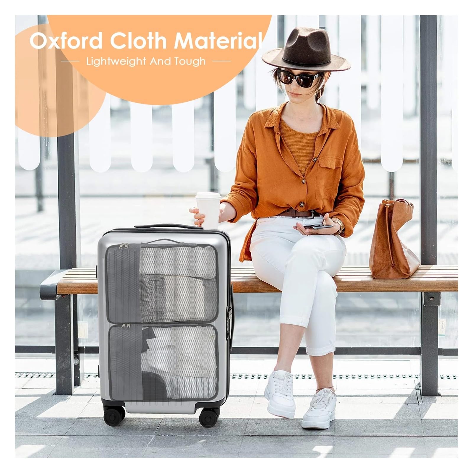 Organizador de equipaje con bolsas de almacenamiento de viaje de 4 piezas | Bolsas de embalaje de tela Oxford con tapa de malla y cremallera for viajar