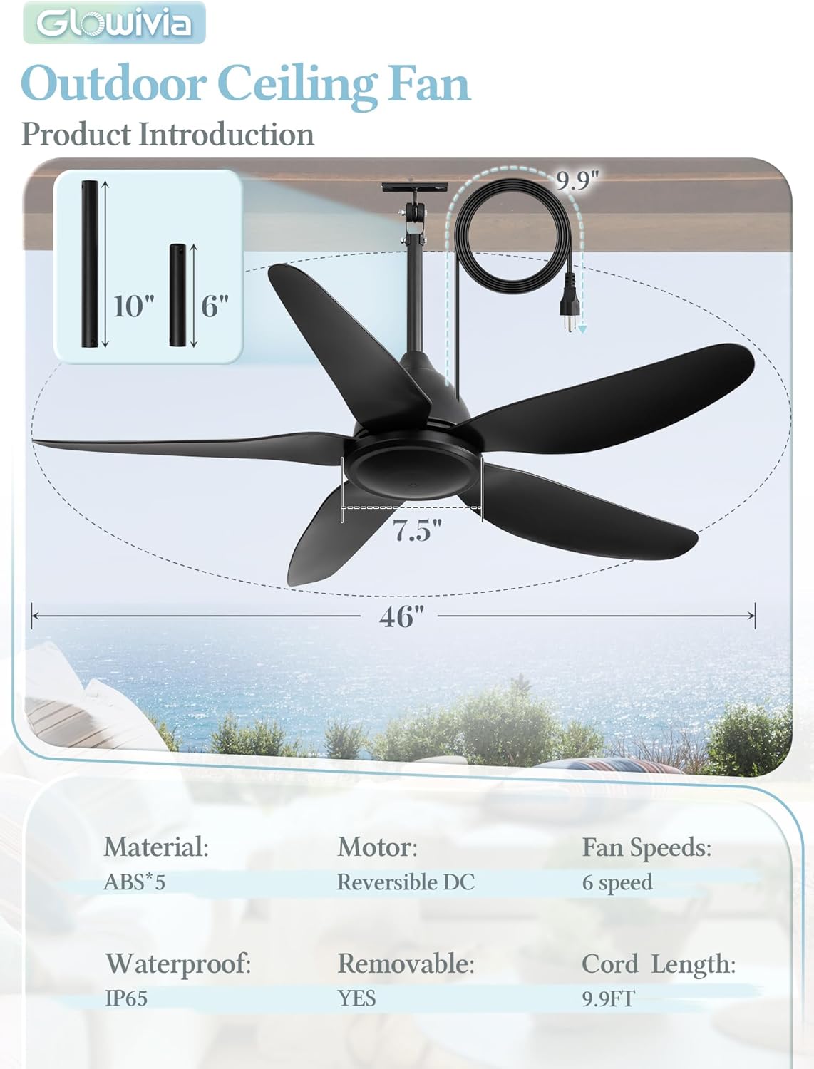 46" Outdoor Ceiling Fan No Lights,IP65 Waterproof Gazebo Fan with Remote Control 6-Speeds DC Motor,Plug in Hanging Fan without Light for Patio Porch Pergola
