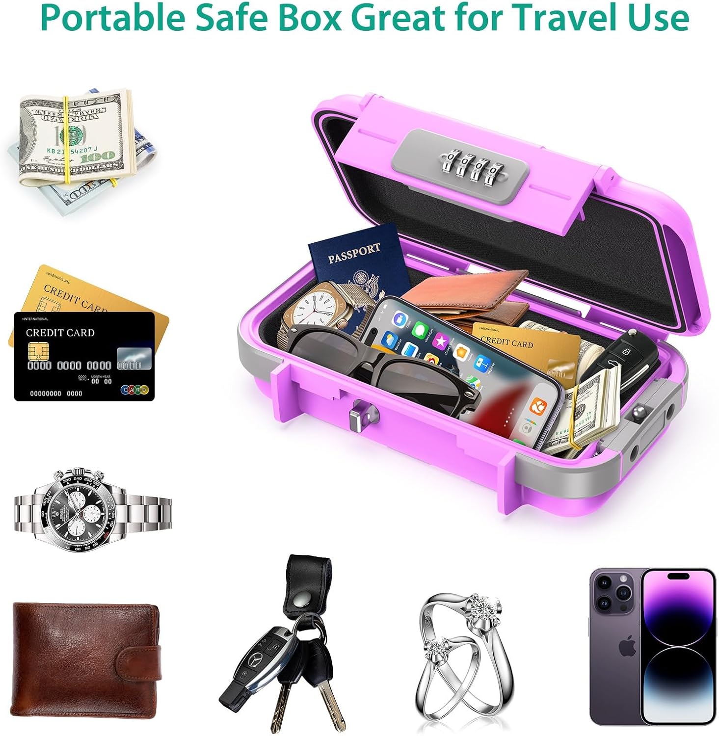 ORIA Portable Security Case, 4 Digit Combination Key Lock Box Security Case, Portable Safe Box Storage Smartphones, Passports, Credit Cards for Beach, Travel, Pink Purple