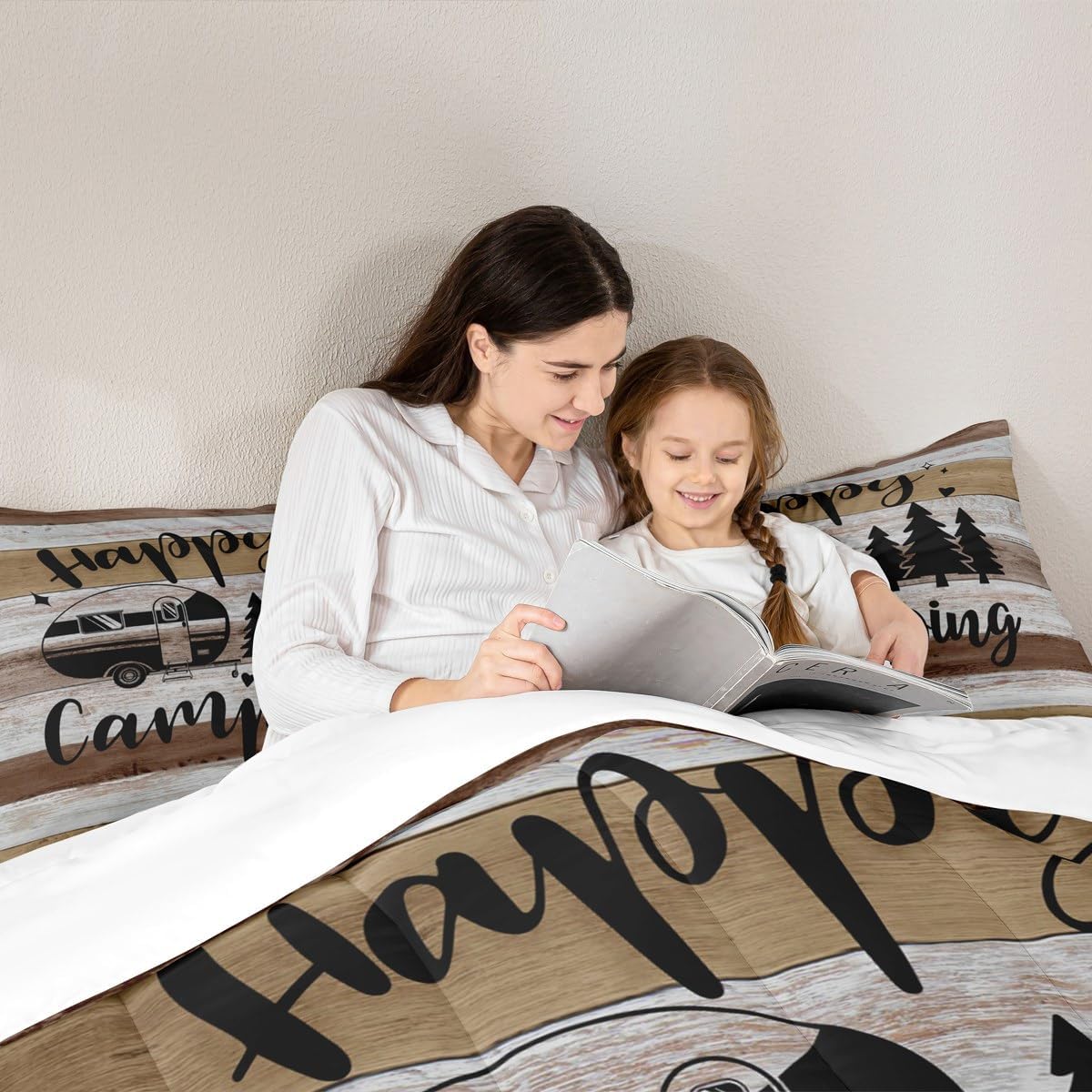 Boys Happy Camping Comforter Set Queen Size Western Farm Vintage Kids Bedding Set for Girls Teens Camper Comforter Camping Car Decor Quilt Set Bedroom Collection 3Pcs