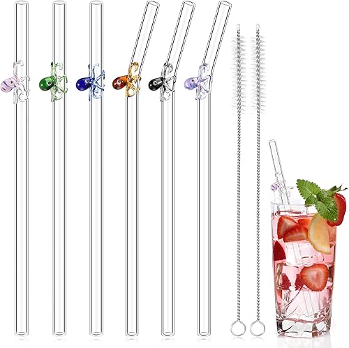 Yinkin 6 popotes de vidrio de pulpo, popotes de vidrio reutilizables con diseño de 8 pulgadas, coloridas pajitas de cóctel rectas y dobladas con 2
