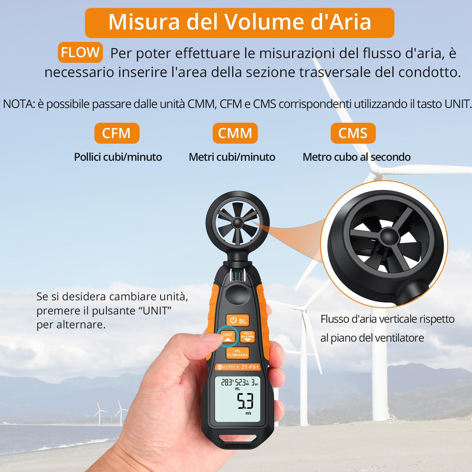 Neoteck Anemometro Digitale con LCD Retroilluminato Misuratore di Velocità del Vento Misura la Temperatura e Umidità del Vento Velocità CFM Anemometro per Barca Windsurf Vela Attività all'aperto