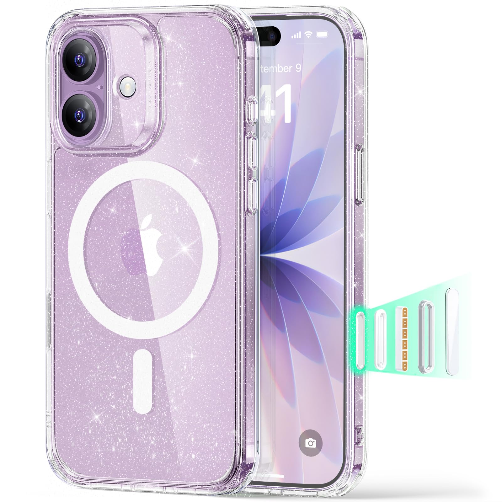 ESR für iPhone 17 Hülle mit Kamerasteuerung Capture Button, Kompatibel mit Magsafe, Handyhülle für iPhone 17 Case, Anti-Vergilbung, Zertifizierter Militärschutz Starke Stoßfest, Klares Glitzer