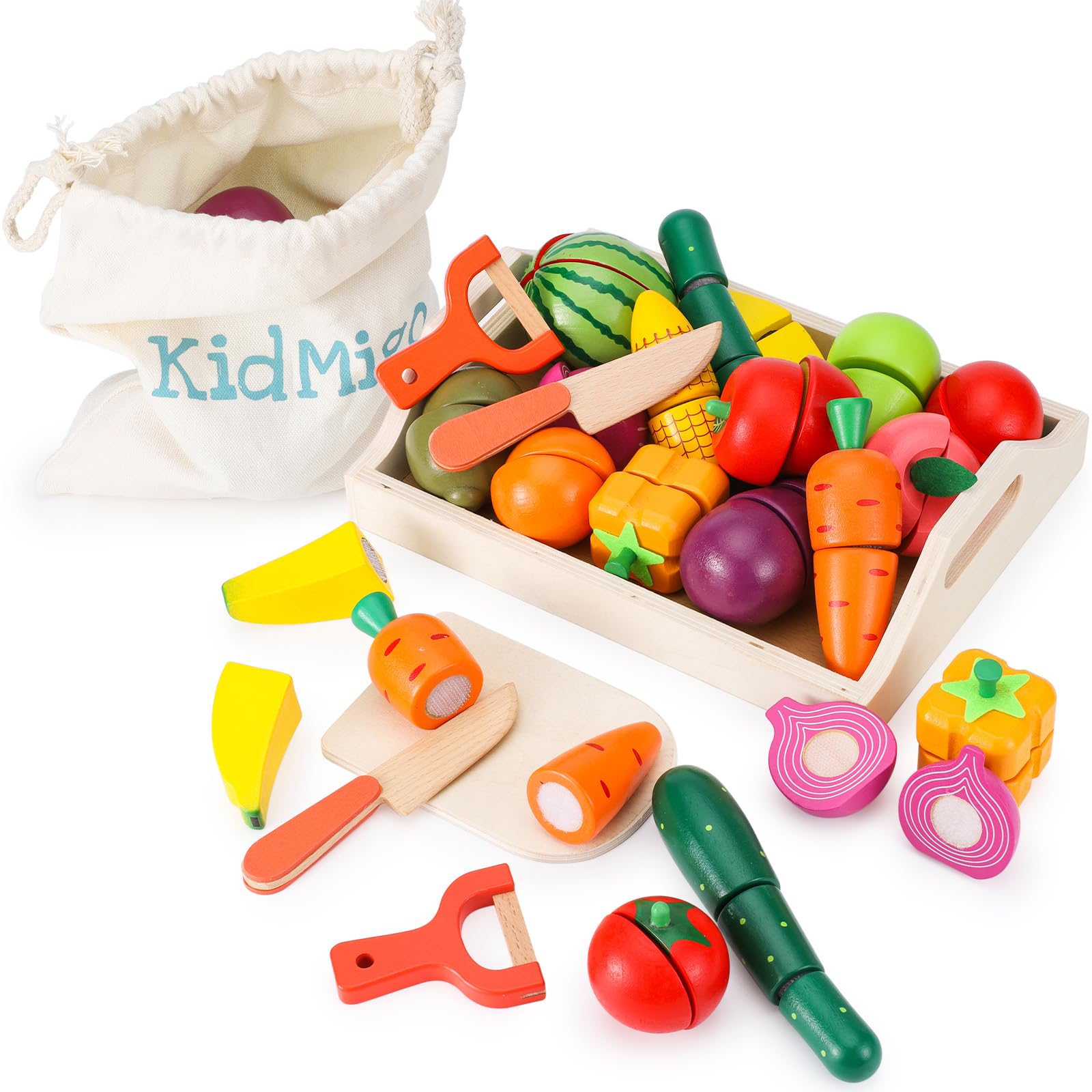 KidMigo Kinderküche Zubehör, Kinderküche Holz, 19 Artikel, 35 Stück Schneidespielzeug mit Serviertablett, Küchenspielzeug mit Leinwand-Aufbewahrungstasche, Holzspielzeug 2 Jahre