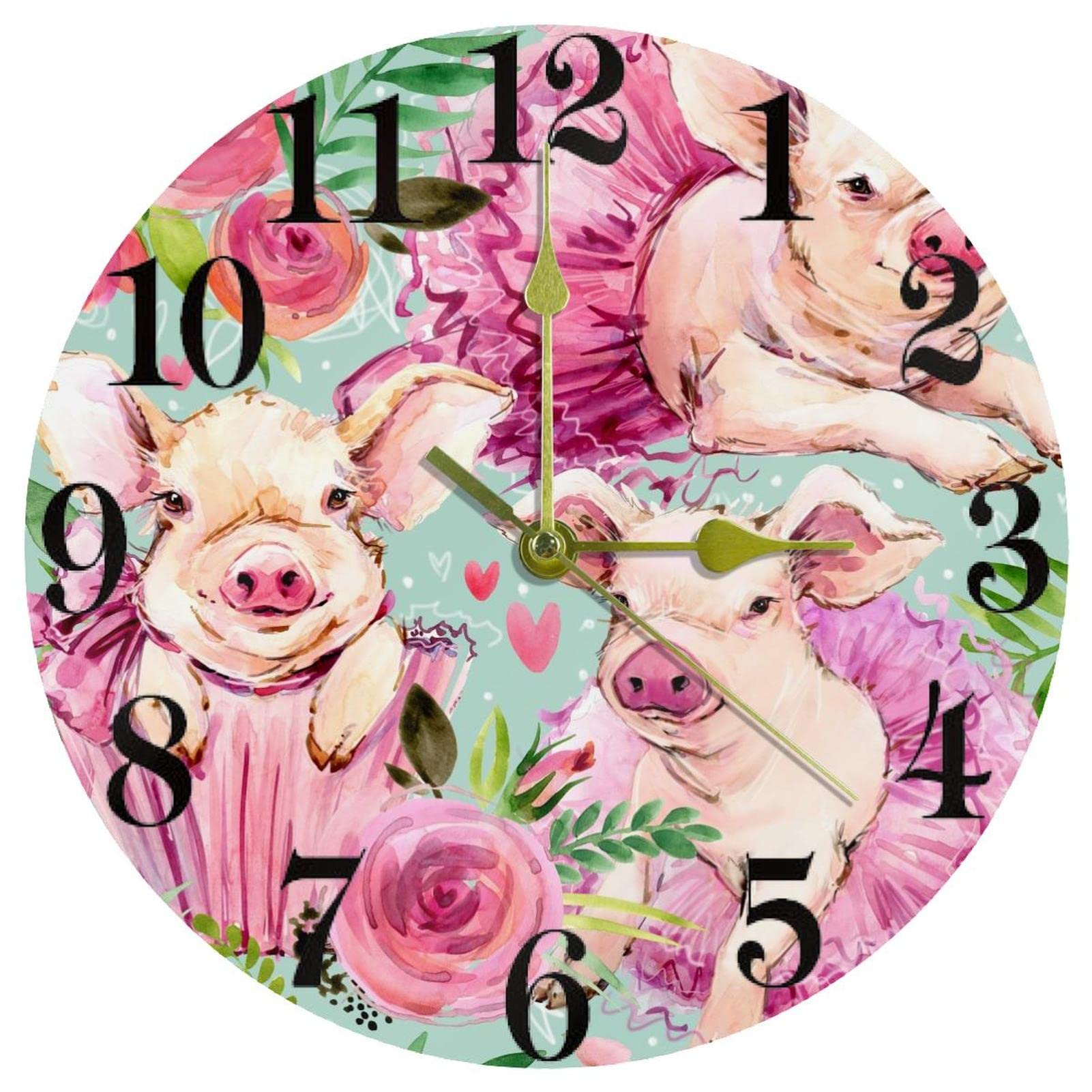 Horloge murale ronde quartz silencieuse motif cochon rose à piles