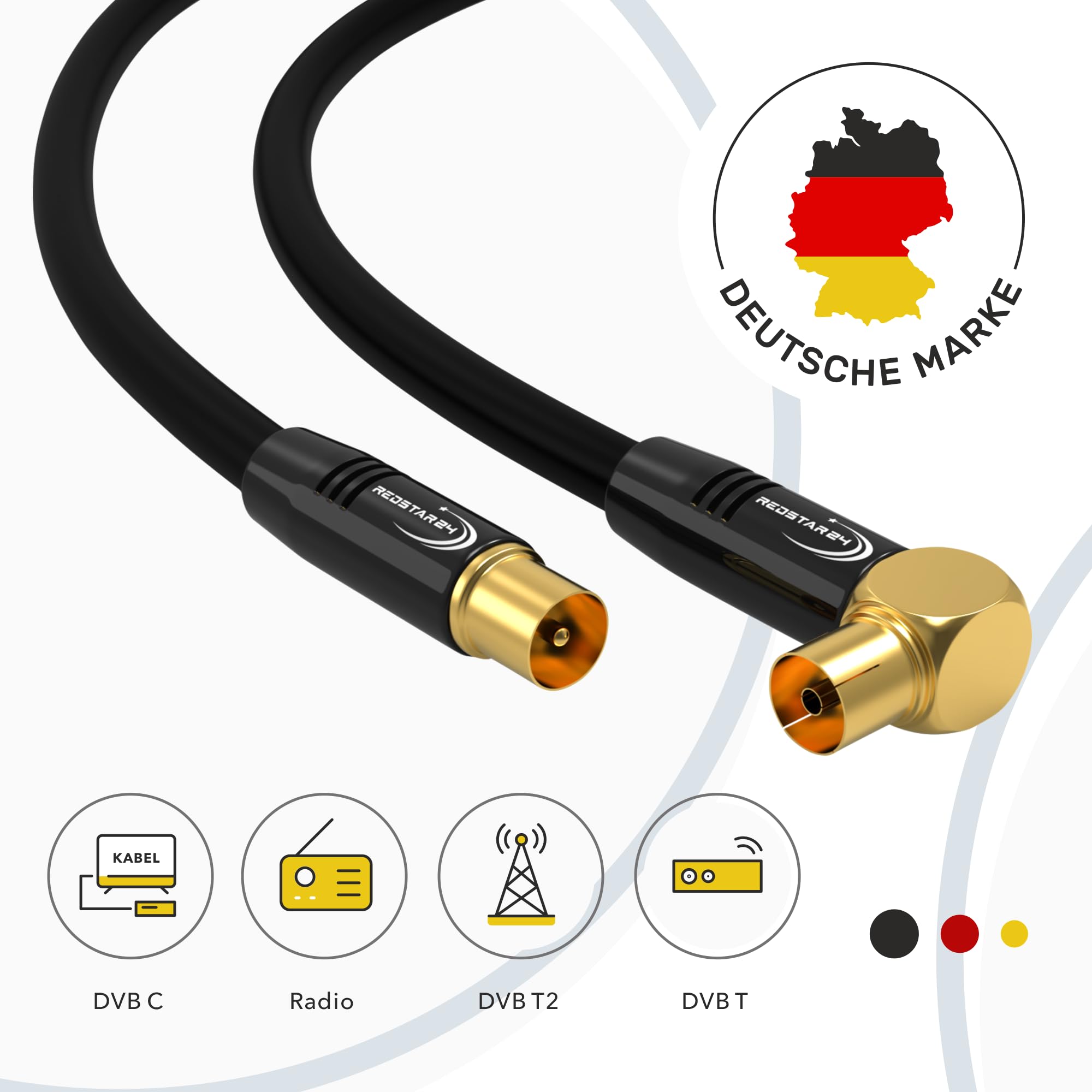 RedStar24 Cavo Antenna 3m Nero - Maschio a Femmina 90° Angolato Coassiale - Cavo Coassiale HDTV Premium per la TV via cavo | Cavo TV: Compatibile con TV, Radio, DVB-T/T2, DVB-C, DAB