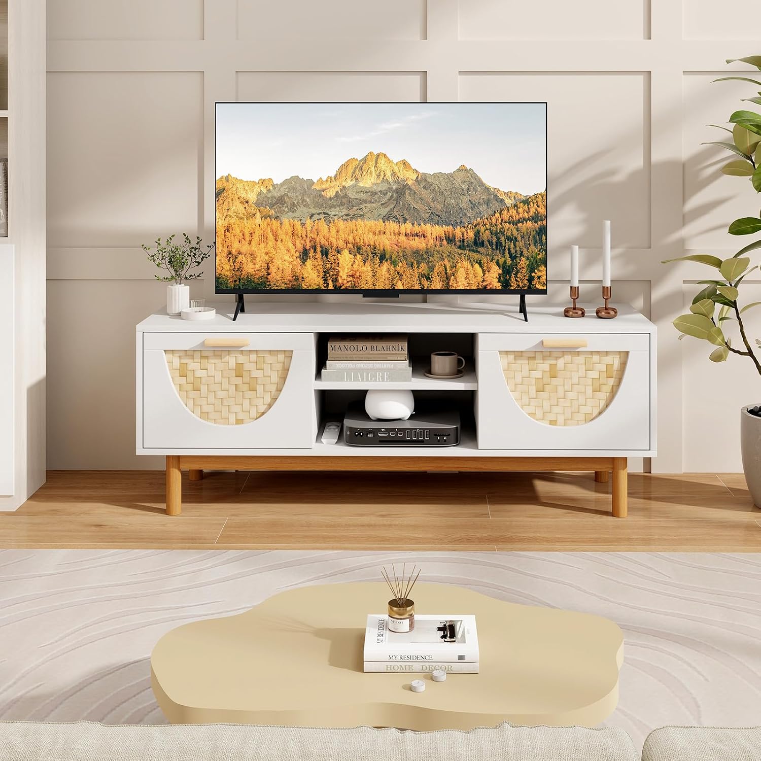 Giantex TV Stand for TV up to 55”, Television Stand with Open Shelves, 2 Drawers, Solid Wood Legs, TV Cabinet, Media Console Table for Office, Living Room, Bedroom, Entertainment Center, White