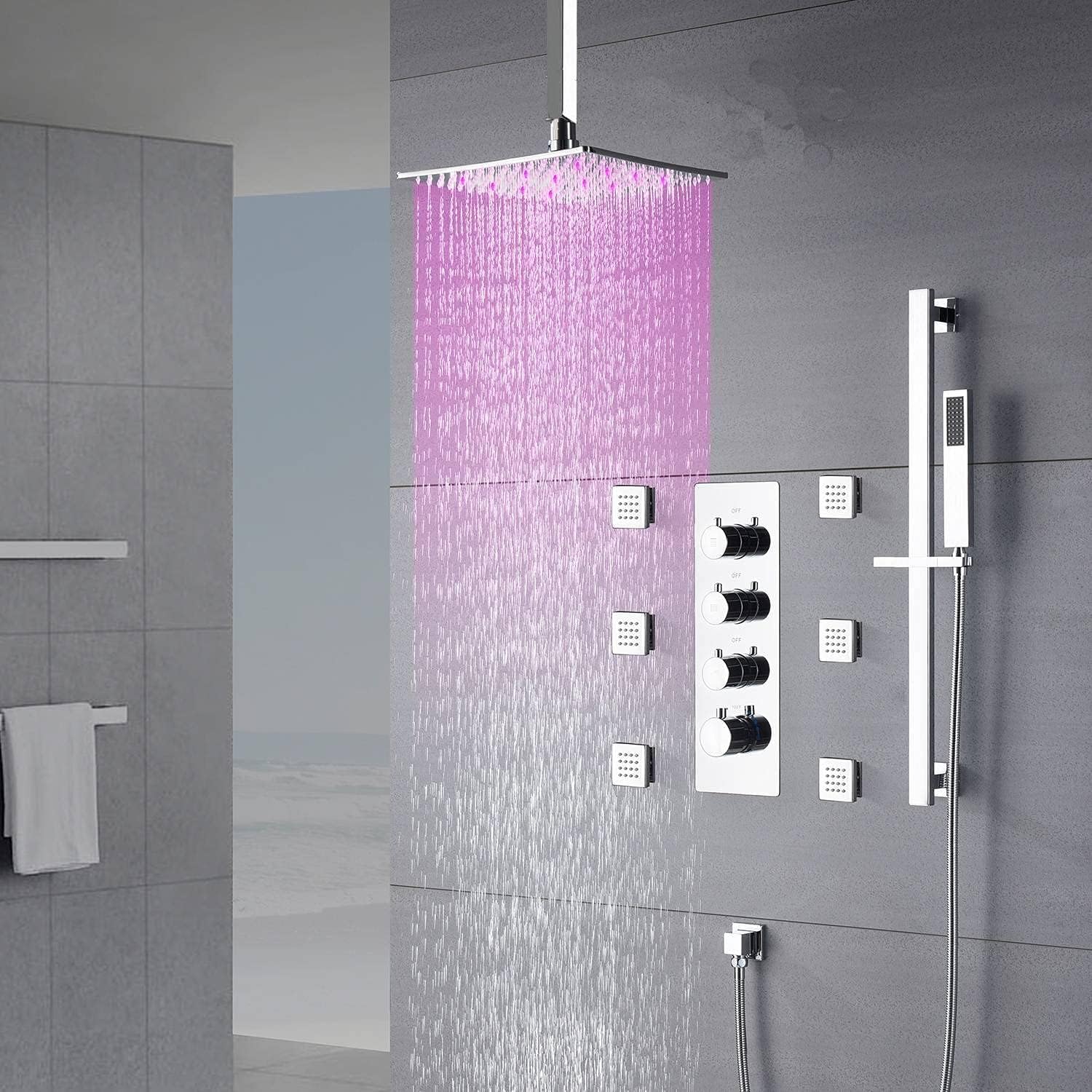 Chrome Ceiling Mount 12 Inch LED Light Rainfall Shower Head 3 Way Thermostatic Shower Faucet with Sliding Bar and Body Jets