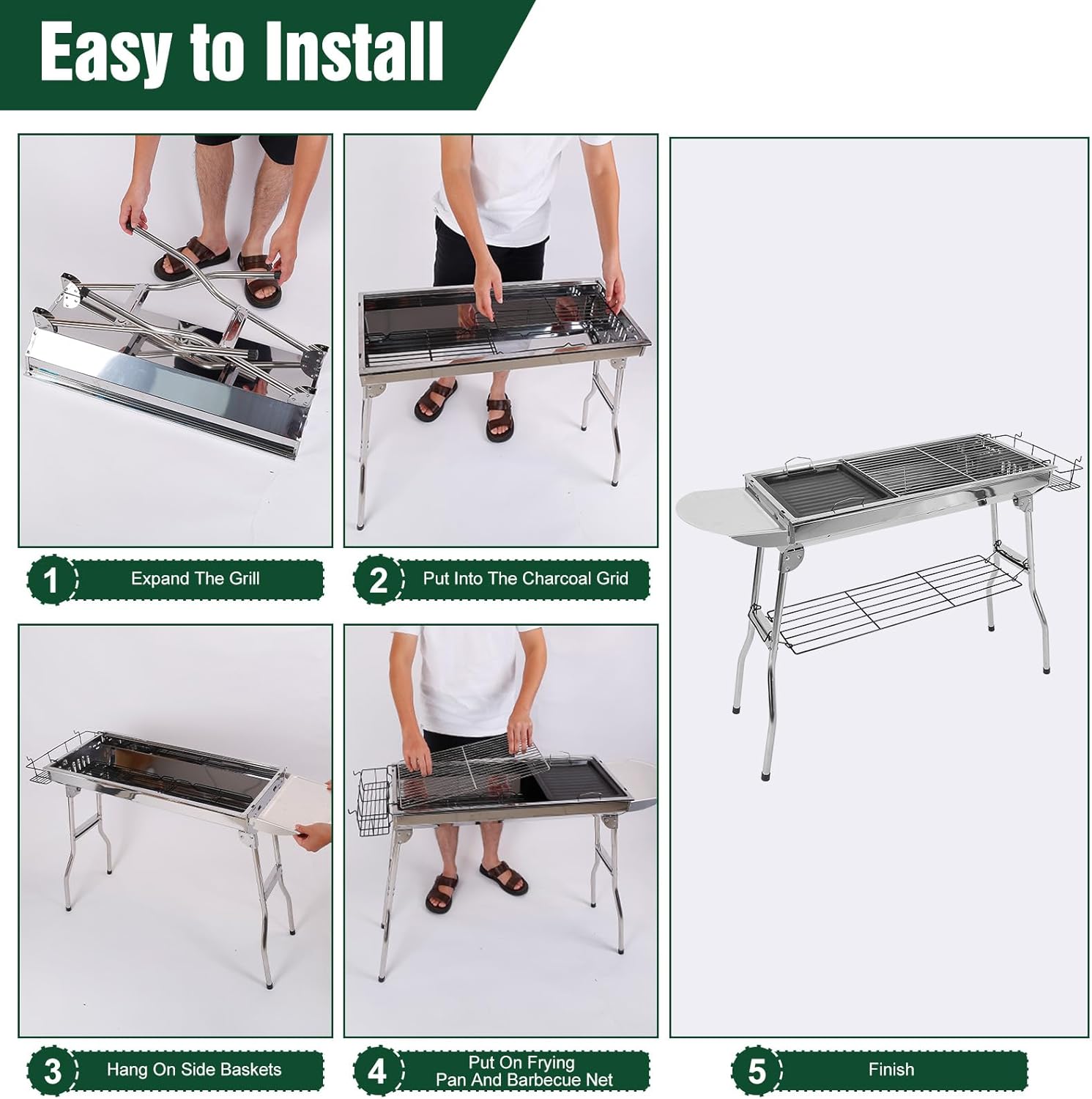 Portable Charcoal Grill, Folding Barbecue Grill with Storage Shelf, Stainless Steel BBQ Smoker Barbecue Tool Kits for Outdoor Cooking Camping Hiking Picnics Backpacking