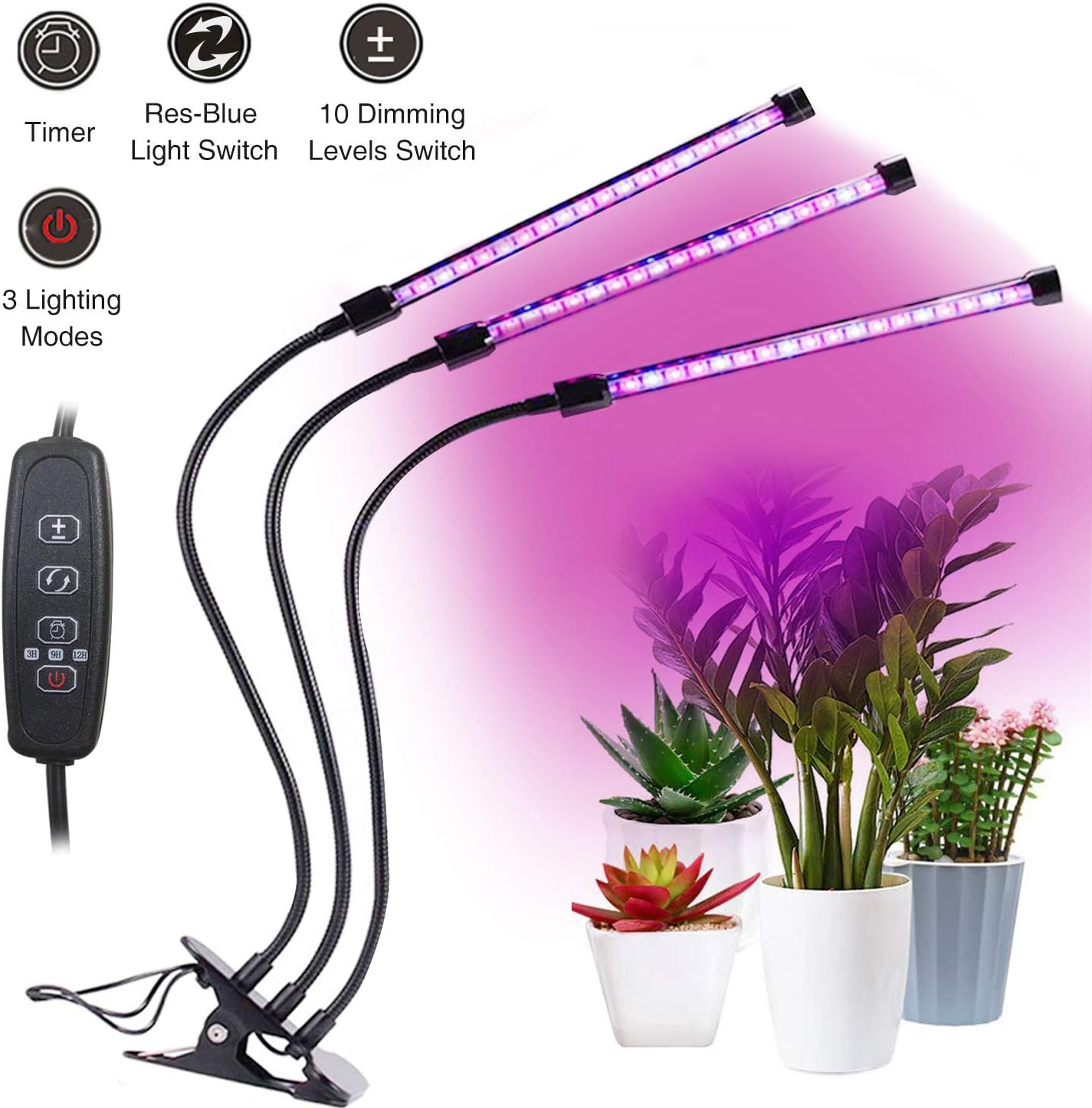 YEESON 27W Plant Grow Light with Timed Function, 57 LED Plant Grow Lamps for Indoor Plants with Red, Blue Spectrum,3-Head Divide Control Adjustable Gooseneck and 3/9/12H Timer, 10 Dimmable Levels