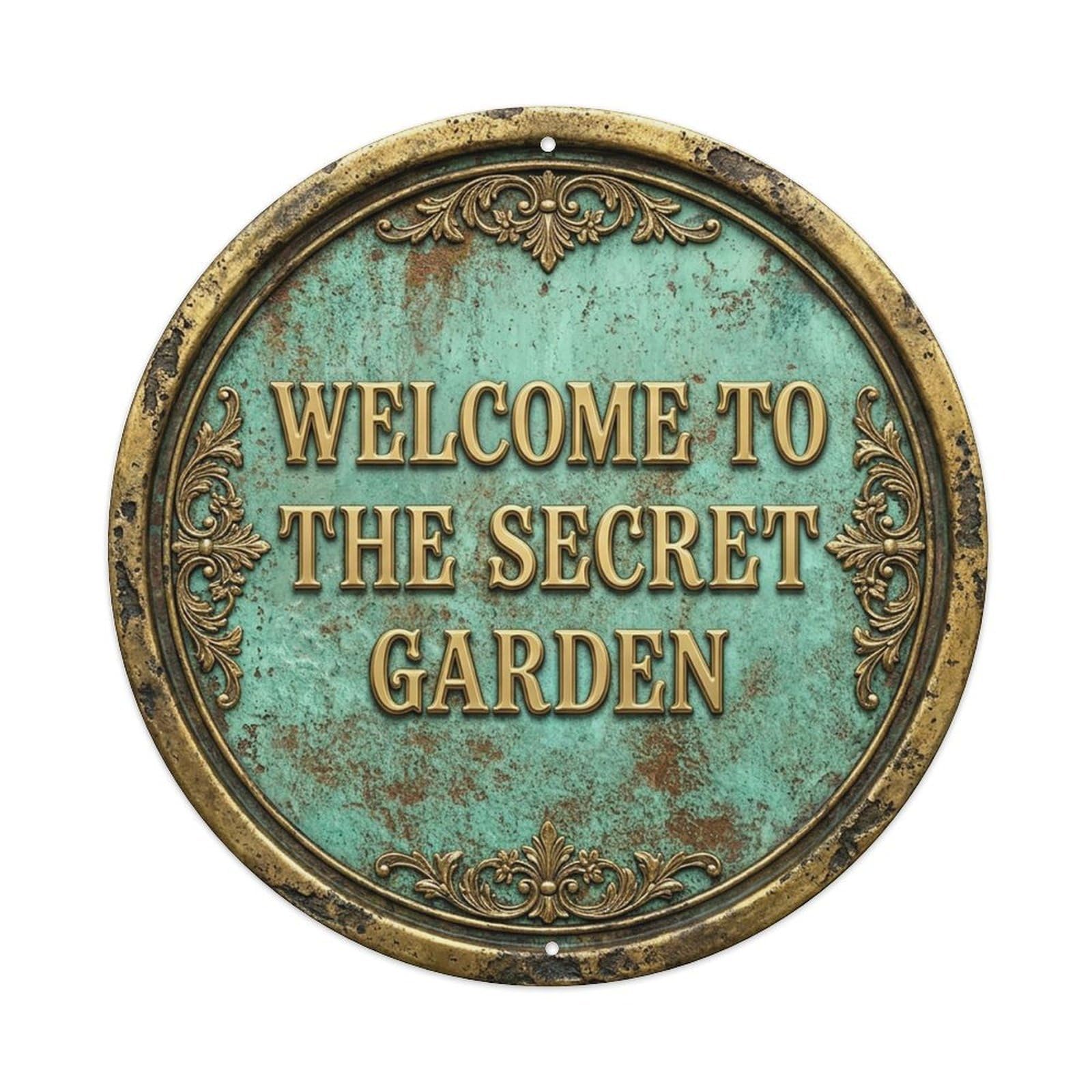 Vintage Welcome Secret Garden Gold Mint Filigree Metal Tin Sign