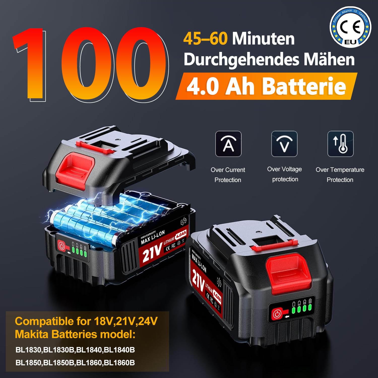 Rasentrimmer mit Akku für Makita-Akkus, 21V - 750W Motor -20000U/min, 4-in-1 Freischneider akku, 90° schwenkbarer Kopf & Teleskopstiel, Mit LCD-Anzeige – für Dickicht und hohes Gras