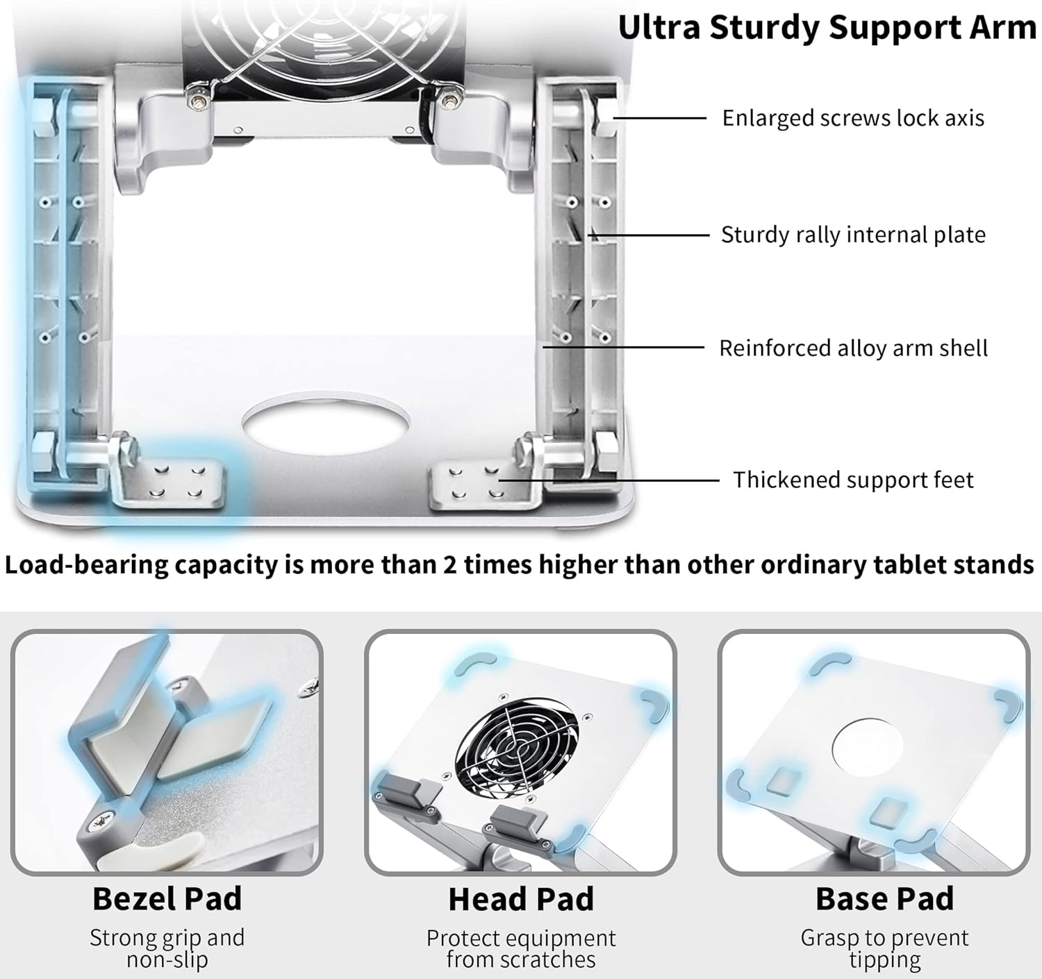 TACOMEGE Heavy Sturdy Aluminum Writing Drawing Stand Tablet Riser(with Cooling Fan) for iPad, Samsung Tab, Surface Pro, Foldable Portable Monitor
