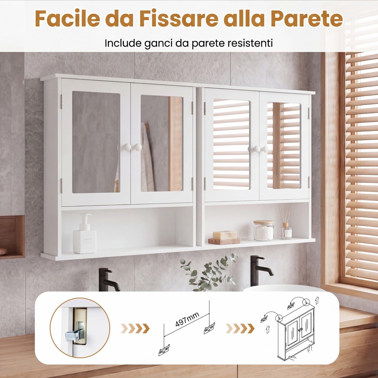 COSTWAY Armadietto Bagno a Specchio da Parete, 56 x 13 x 58 cm (Bianco) | Specchiera con 2 Ante, Ripiano Aperto e 2 Scomparti, Mobile da Bagno Salvaspazio per Soggiorno e Camera da Letto