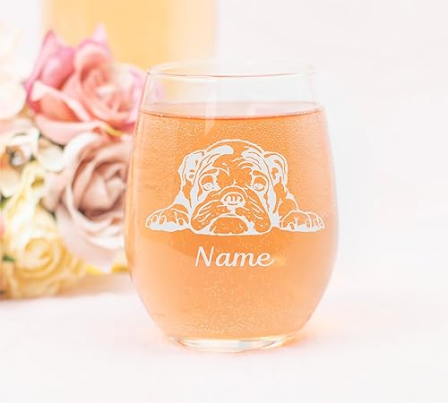 Miniatura 3 de English Bulldog with Name 17 oz. Custom Stemless Wine Glass - Personalized Dog Gift for Women and Men