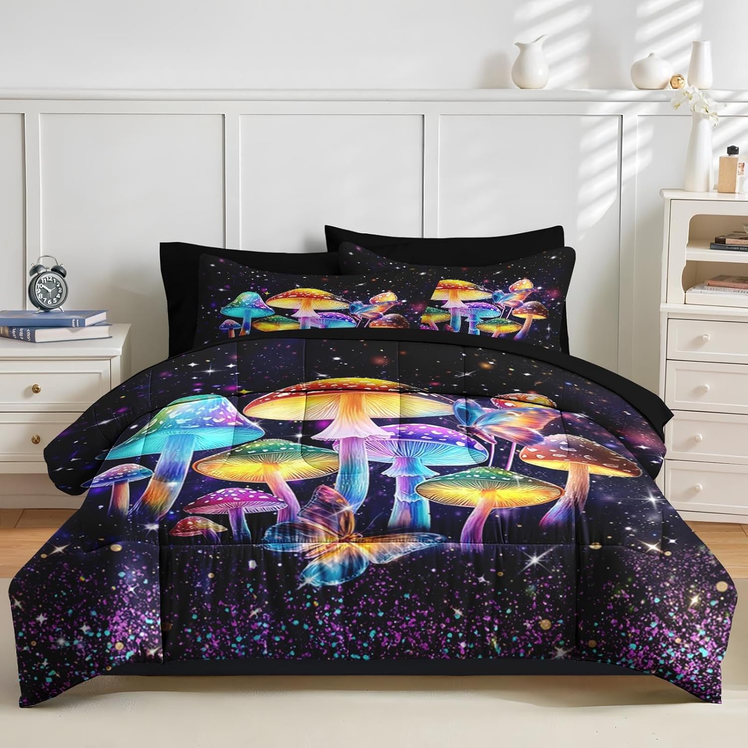 Nesker 7 Pcs Comforter Set Queen Size, Colorful Mushroom Dream Bedding Set for Kids and Adults, Hippie Plant Bed Sheet Sets with Fitted Sheet 2 Pillowcases & 2 Shams