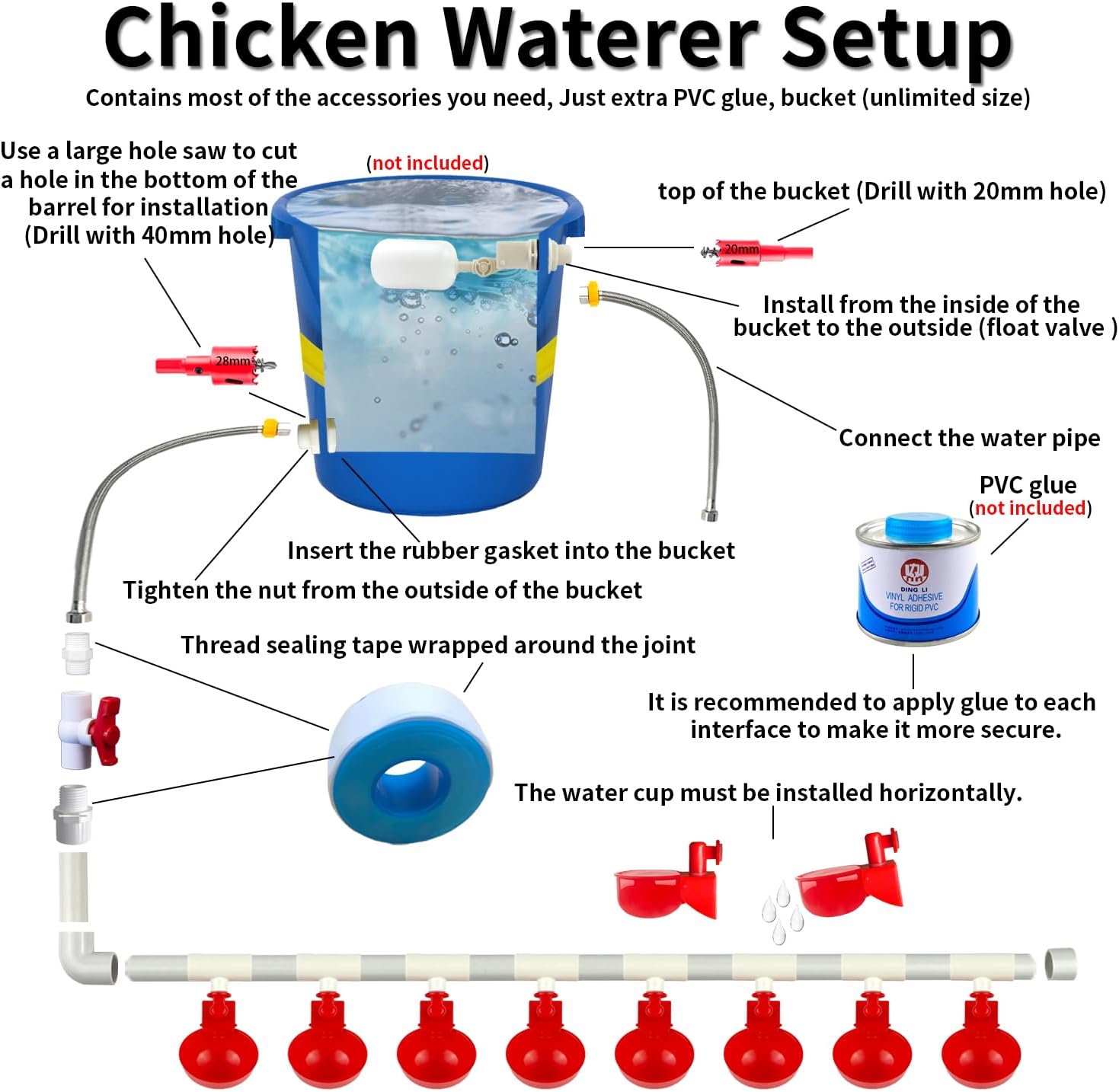 Automatic Chicken Waterer System (46 Accessories Included), Complete PVC Pipelines Set Chicken Water Feeder, Poultry Waterer, DIY Chicken Watering System with Chicken Water Cups (No Bucket Included)