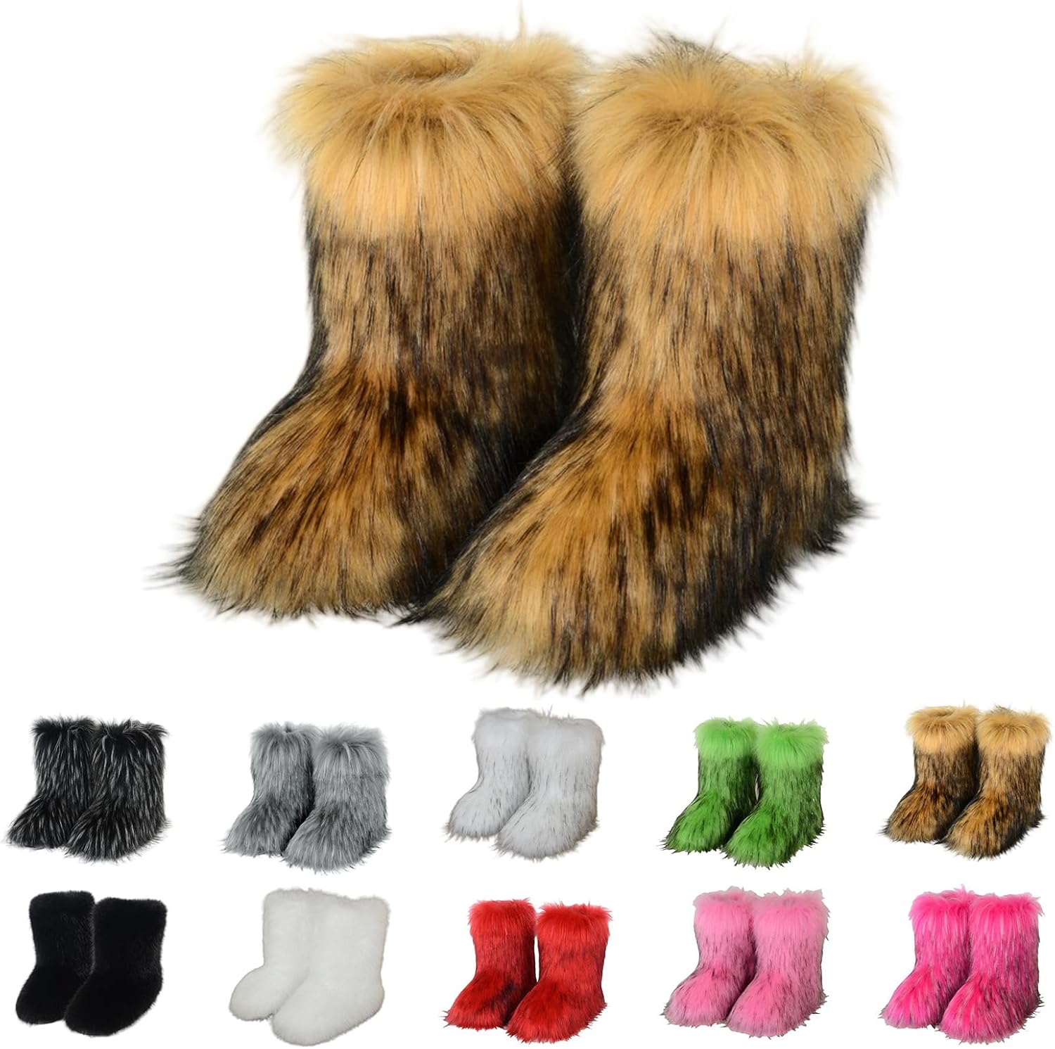 Faux Fur Boots for Women Winter Fuzzy Fluffy Comfy Warm Mid Calf Snow Boots Round Toe Suede Fashion Furry Y2k Shoes Fur Lined Booties Comfortable Outdoor Indoor Flat Shoes