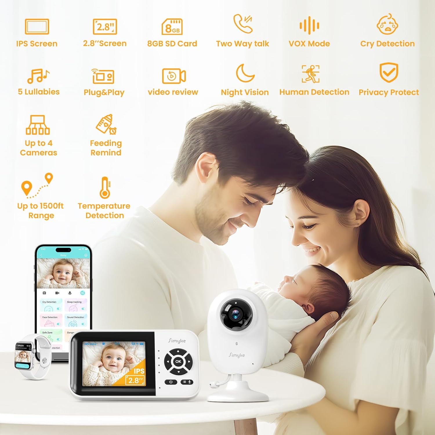 Smart Baby Monitor with SD Card,WiFi 1080P AI Cam with Phone App,2.8'' IPS Display,AI Face Tracking&Sound Detection,Auto Night Vision,2-Way Talk,Multi-User,Triple Security,1500ft Long Range