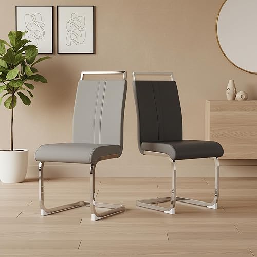 Juego de 2 sillas de comedor modernas, sillas voladizas con patas de acero inoxidable, sillas de cocina de piel sintética con respaldo alto para