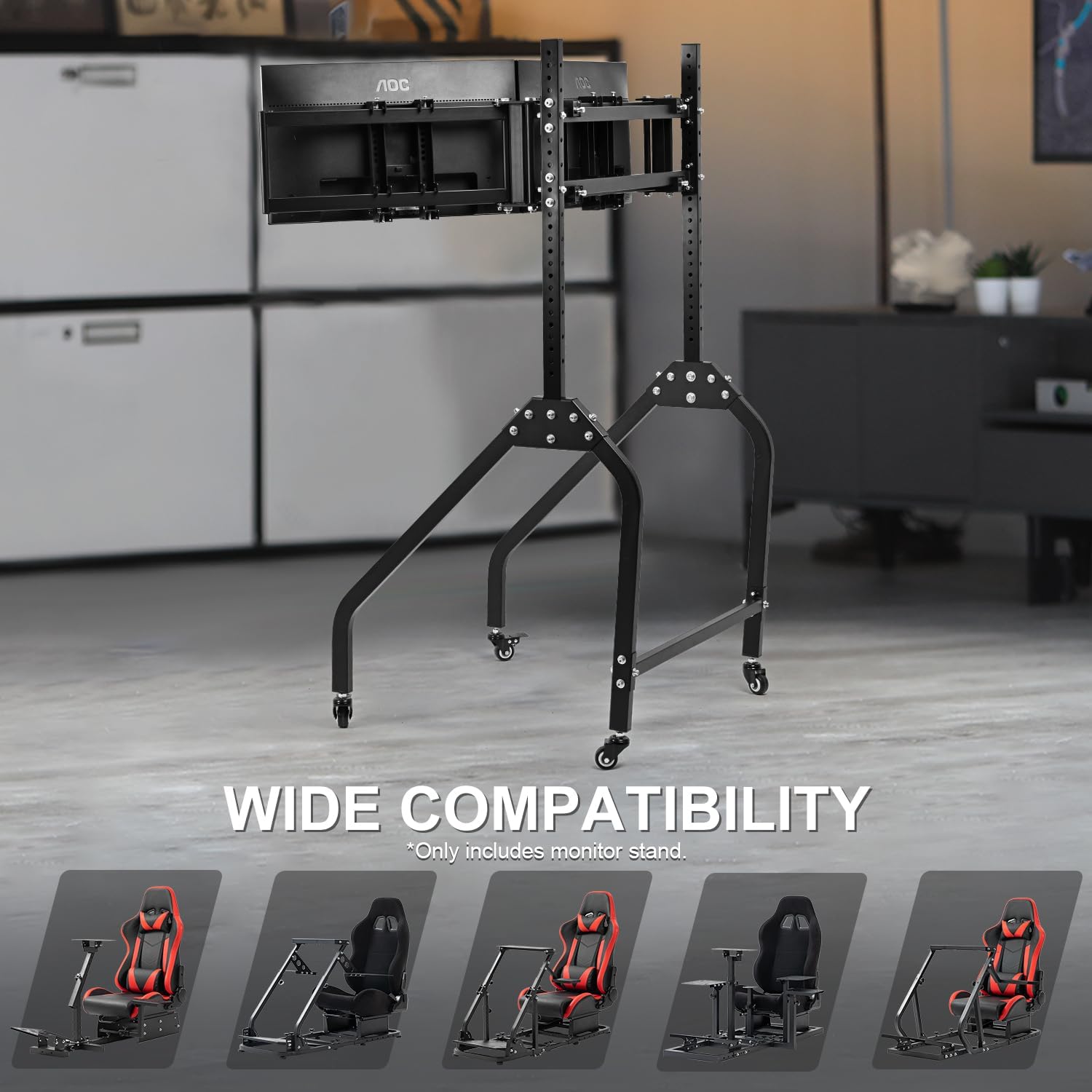 Marada Sim Racing Triple Monitor Stand with Wheels Compatible with 27/32-inch Displays Height and Tilt Adjustable, A-Frame Base for Flight & Driving Simulator Cockpit Rig