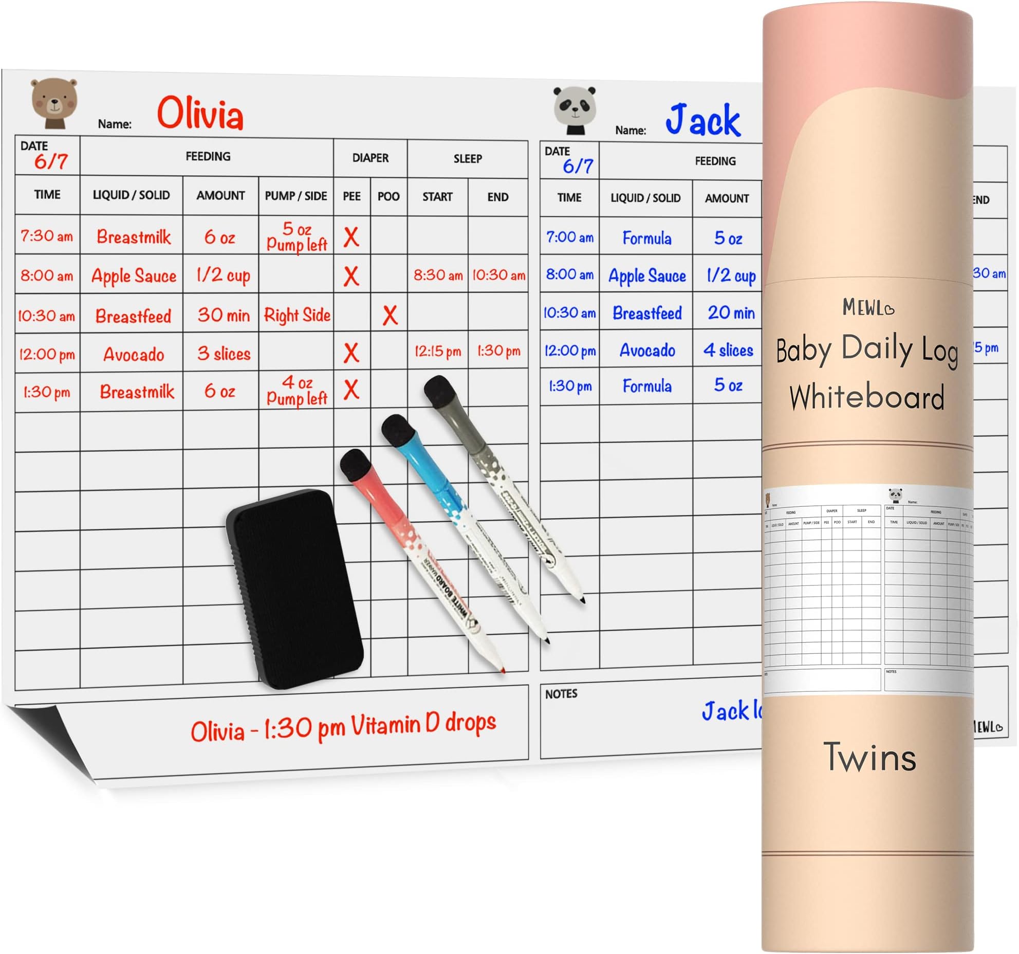 Mewl Twins Daily Log Whiteboard - Reusable Twin Baby Tracker to Log Feeding, Diapers & Sleep - Newborn Baby Journal & Schedule Chart for New Parents, Nanny, Babysitter - Pregnancy & New Mom Gift