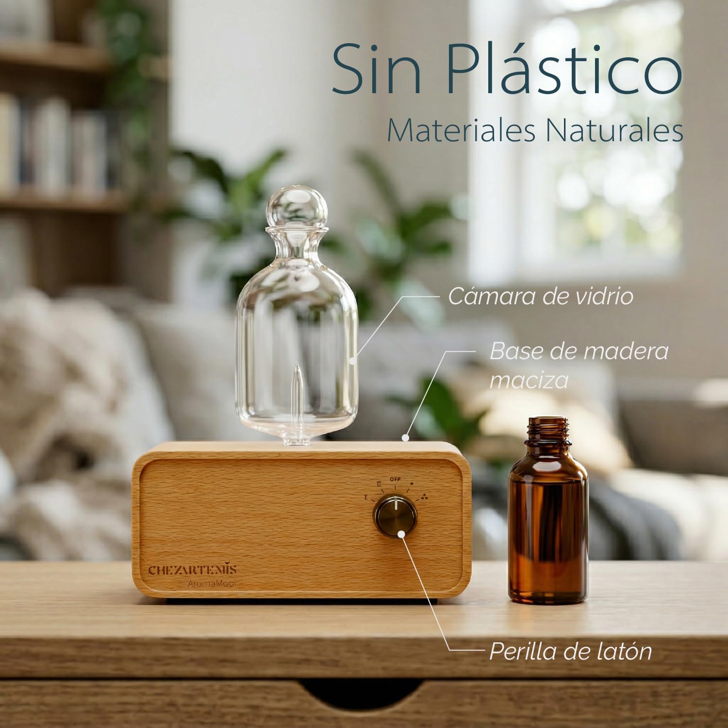 Aria Difusor de Aceites Esenciales Sin Agua, Nebulizador de Aromaterapia en Vidrio y Madera, Difusor de Aromas Inalámbrico para Hogar y Salón, Batería Recargable, Diseño Retro con Temporizador & LED
