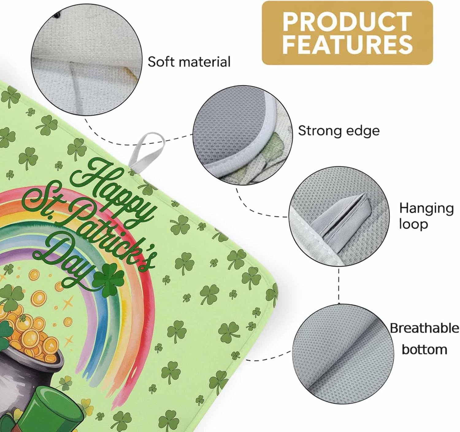 Green Gnomes St. Patrick's Day Dish Drying Mat for Kitchen Counter, Microfiber Dishes Drainer Mat Rack Pad, Lucky Clovers Rainbow Absorbent Dish Bottle Drying Mats, 18''x24'', 2 Pack
