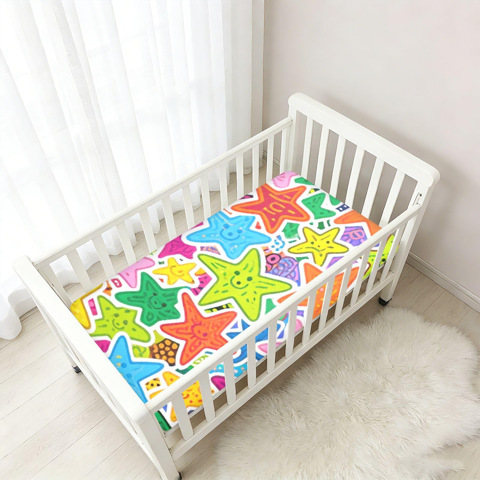 Sábanas de algodón para cuna de bebé con diseño de dibujos animados de estrellas y garabatos, suaves, transpirables, para guardería, 1 paquete de sabanas para cuna