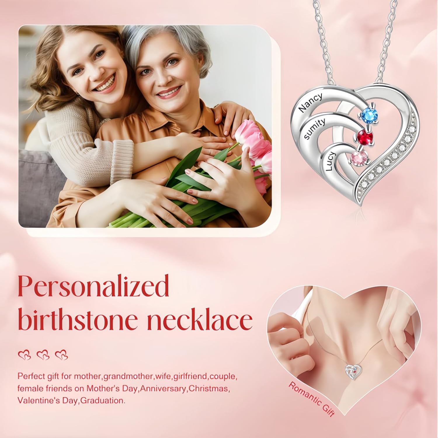 925 Sterling Silver Personalized Mother Necklace Birthstone Necklace for Women Chain Heart Pendant with Engraved Names, Gift for Mom, Grandma, Wife, Christmas, Mother’s Day, Anniversary, Birthday