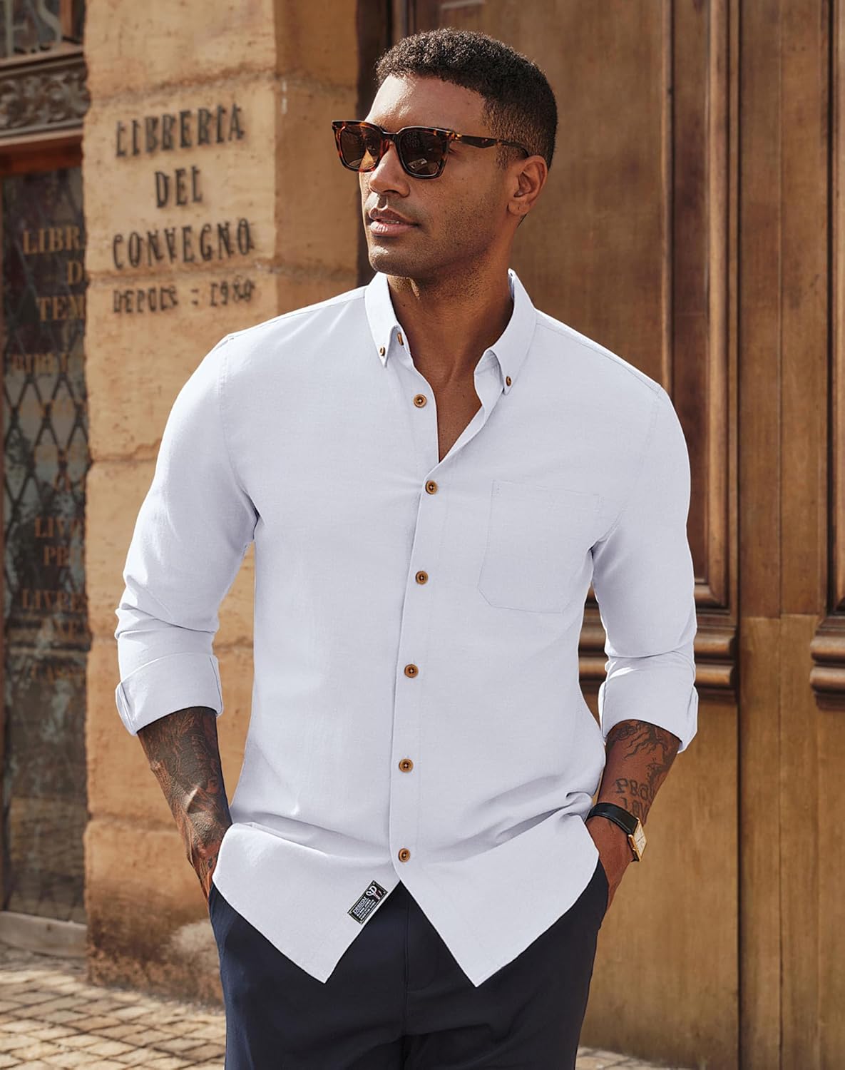 PJ PAUL JONES Men's Oxford Button Down Shirt Long Sleeve Regular Fit Business Casual Dress Shirts with Chest Pocket - Image 2