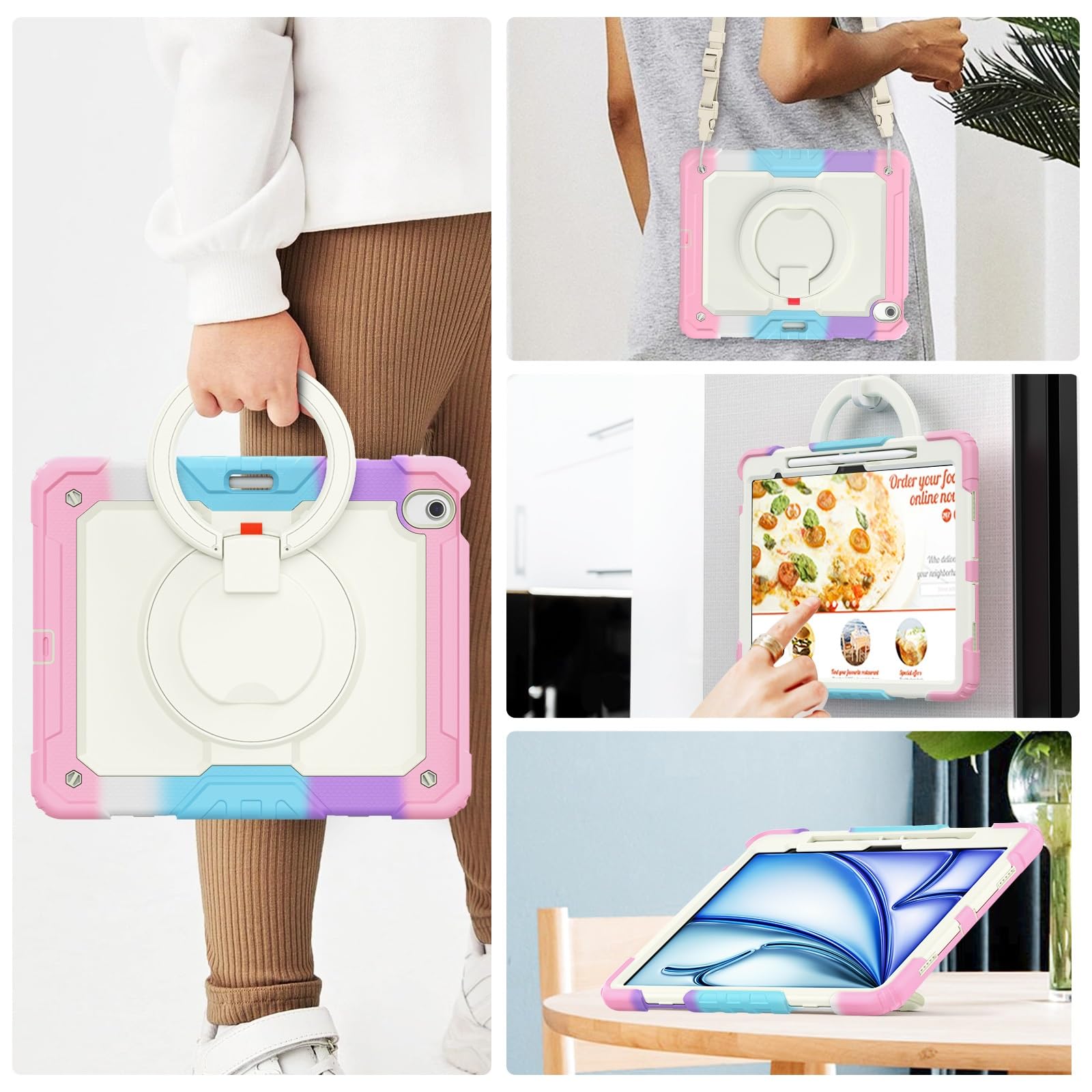 Kompatybilny z etui iPad Air 13 cali M2 2024 uchwytem na ołówek i ochraniaczem ekranu, wytrzymała, pełna obudowa ochronna, obrotowy uchwyt, silikonowe(Pembe)