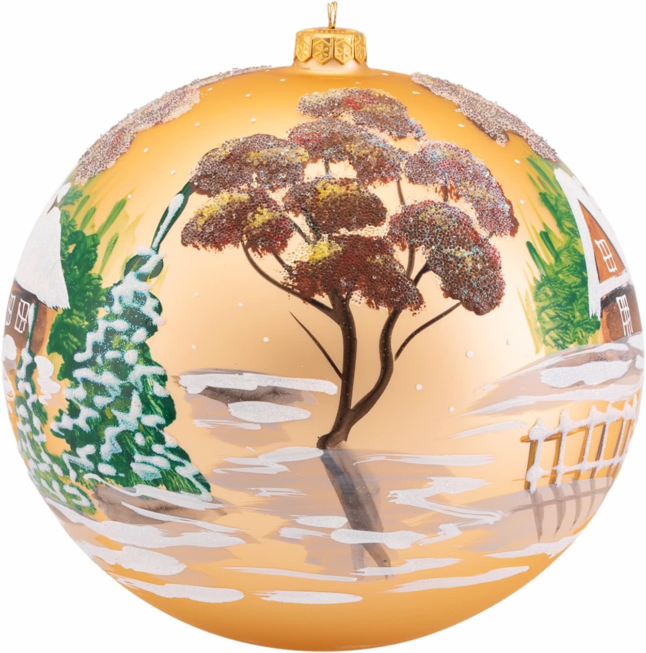Gold Christmas Ornament with Stand Polish Blown Glass Ball Hand Painted Extra Large Bauble 8 inch/200mm Cottage Houses in Trees