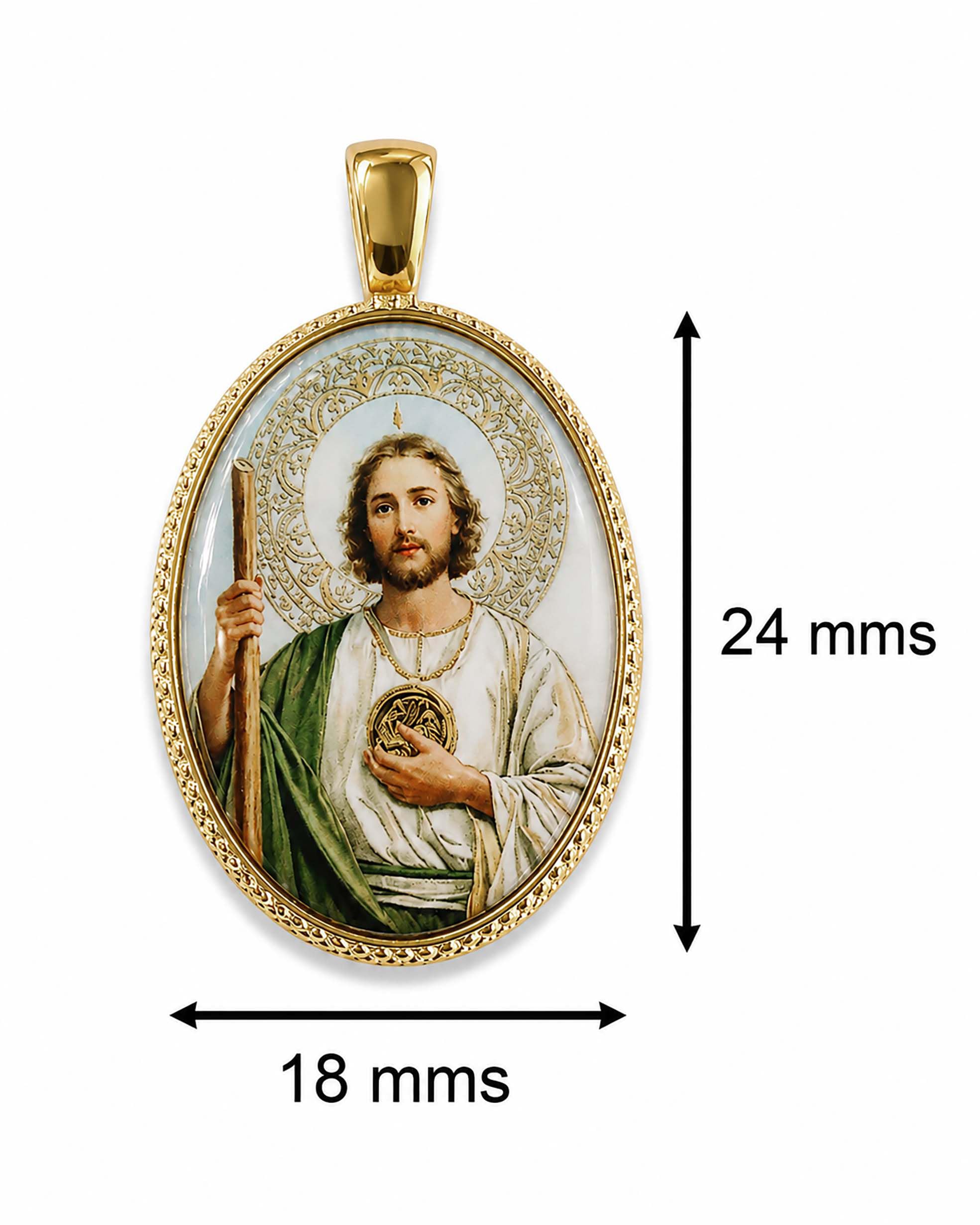 Medalla Oval de San Judas Tadeo en Plata de Ley Chapada en Oro, 18 x 24 mms