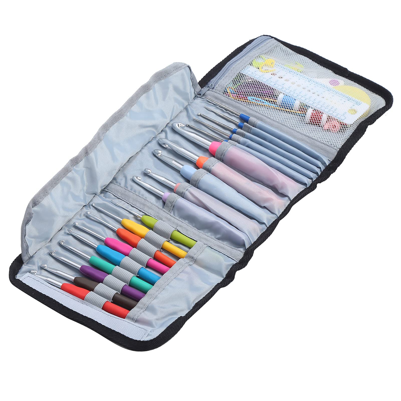 YedaHcy Colored Crochet Hooks Extended Sweater Pin Head Soft Handle Weaving Tools Kit with Ergonomic for Arthritic Hands and Handicraft Lovers, Complete Set with Multiple Sizes and Access