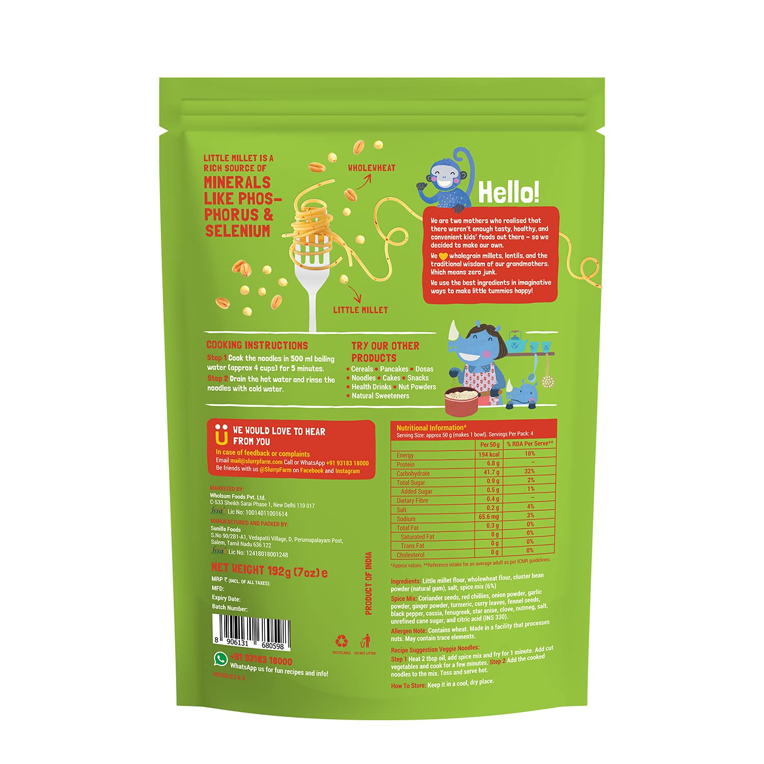 Slurrp Farm Instant Ramen Noodles- Healthy Millet Based Spicy Noodles, Low Carb, Vegan, Chow Mein/Hakka Noodles, Pack of 2, 14 Ounces