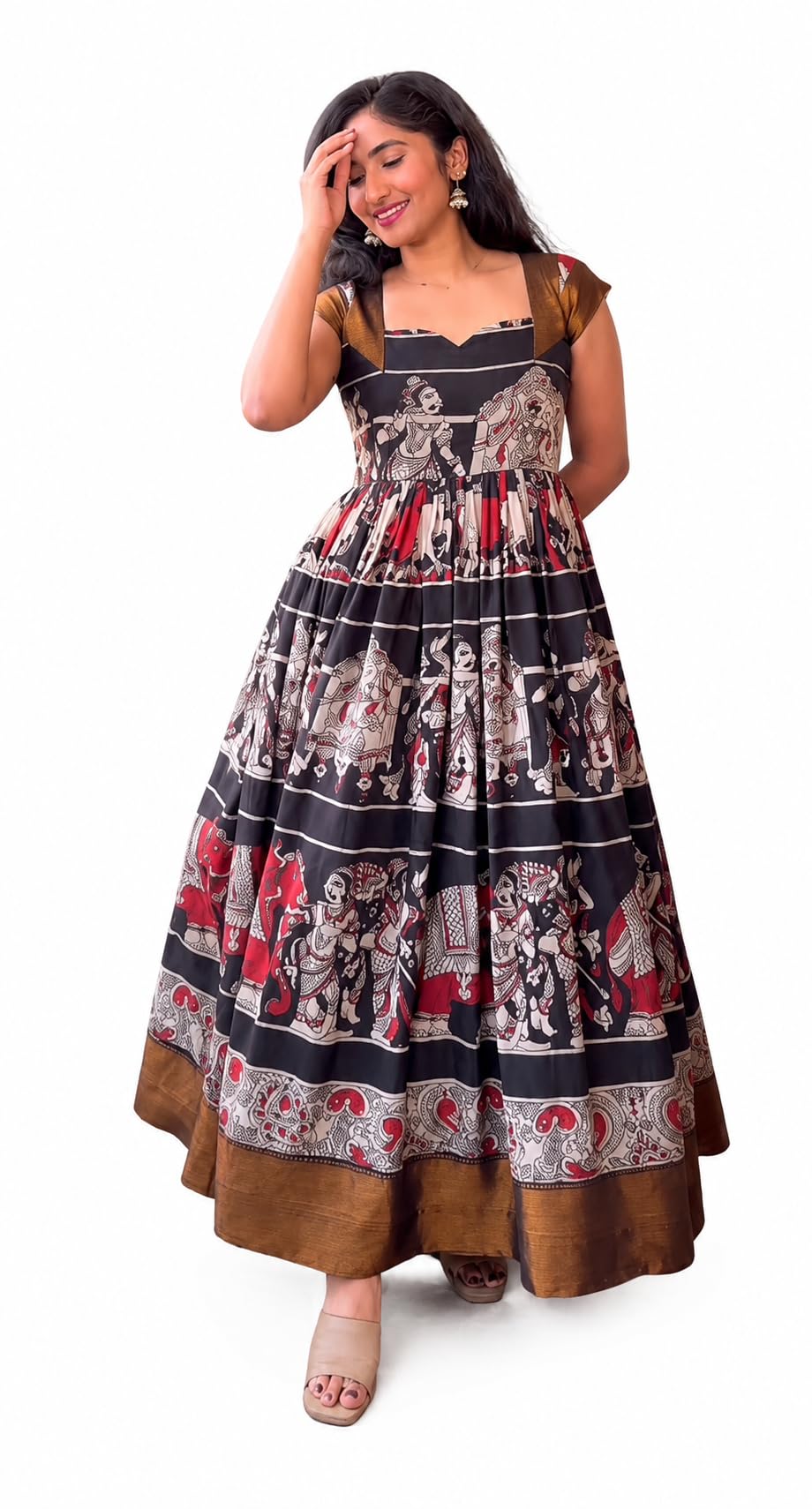 Dharam Creation Women's Kalamkari Printed Anarkali Gown | Ethnic Maxi Dress with Traditional Mythological Art Print Cotton Blend | Flared Long Dress for Wedding-picture-24