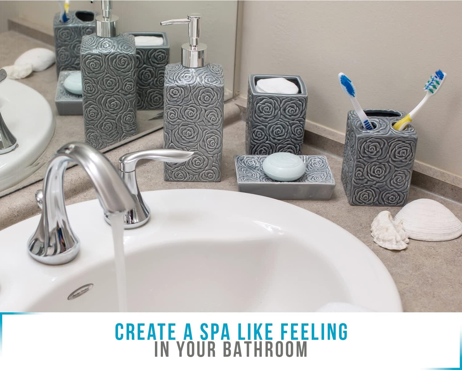 Designer 4-Piece Bathroom Accessory Set – Ceramic Bath Set w/ Liquid Soap or Lotion Dispenser, Toothbrush Holder, Tumbler and Soap Dish – Decorative Set w/ Embossed Details – Modern Vanity Accessories