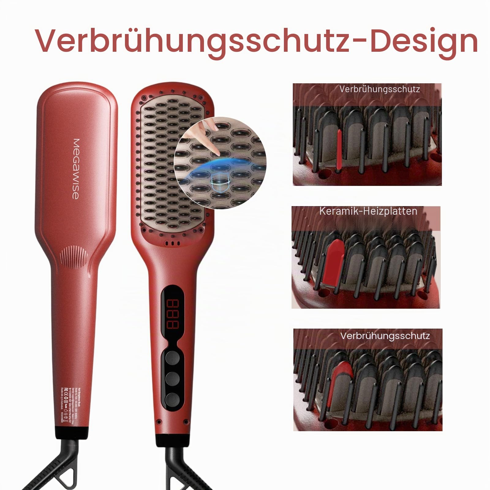 Aktualisiert 2025 Megawise Pro Ceramic Ionic Hair Straightener Brush - Schnelle 20s Heizung, Auto-Off, Anti-Scald, Dual Voltage, Drehbares Netzkabel - Home Salon Styling (Tomato Red)