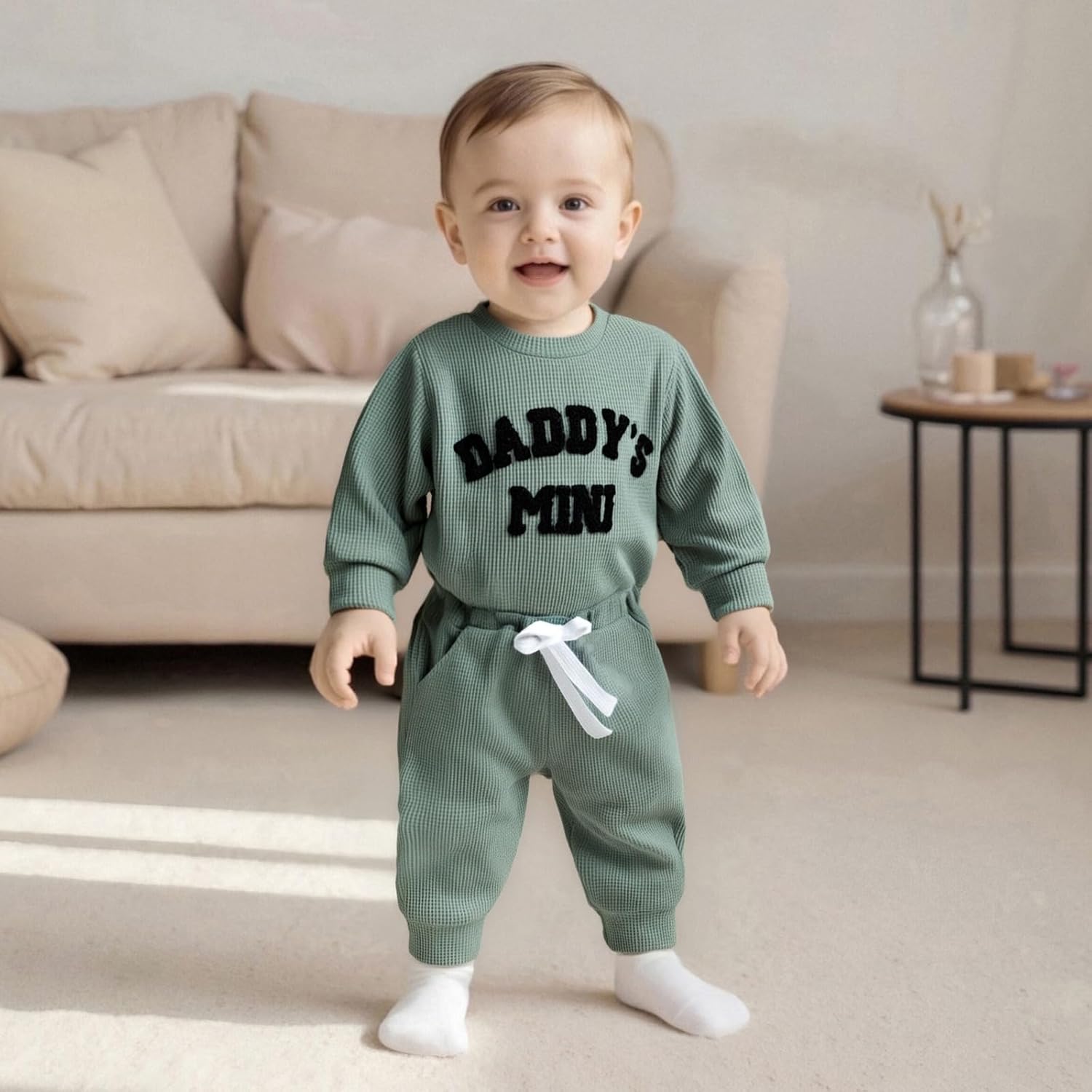 Kupretty Baby Boy Clothes 3 6 12 18 Months Fall Winter Outfit Mama's Boy Embroidery Waffle Long Sleeve Romper Pants Set - Image 2